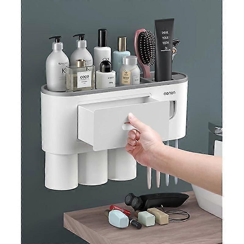 Organizer storage dustproof Toothbrush Toothpaste Dispenser Holder with Magnetic cup Wall mount* @BUGU