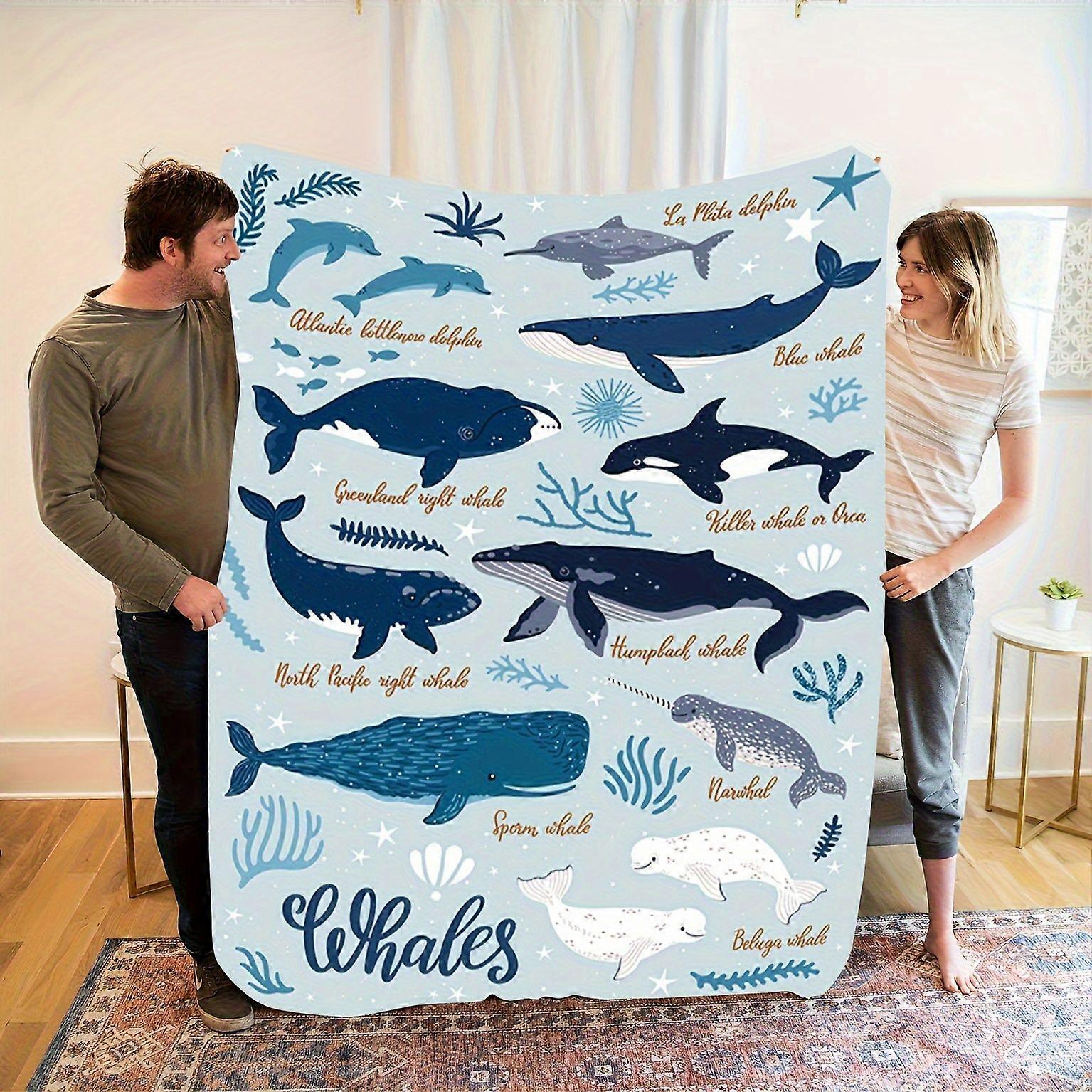 [In stock] Comftable  Whale, Humpback Whale Dolphin, Soft Col Ocean Tranquility Atmosphere Theme Pattern Printed Flannel-tfcxz184