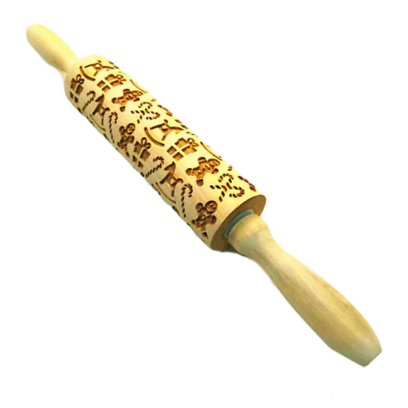 Embossed Wooden Rolling Pin for Christmas Cookies with Festive Patterns and Durable Solid Wood