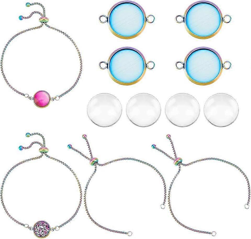 4 Sets DIY Blank Dome Link Bracelet Making Kit Rainbow Color Stainless Steel Round Adjustable Slider Bracelet Cabochon Connector Settings with Ball En