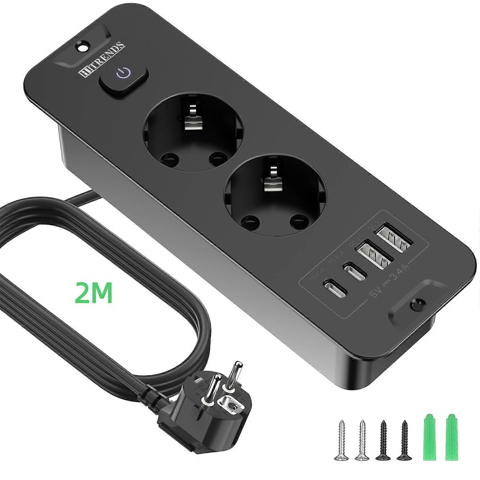 7-in-1 ultra-thin embedded socket with switch, 2USB-A+2USB-C, 20W fast charging, overvoltage protection, for office and home use