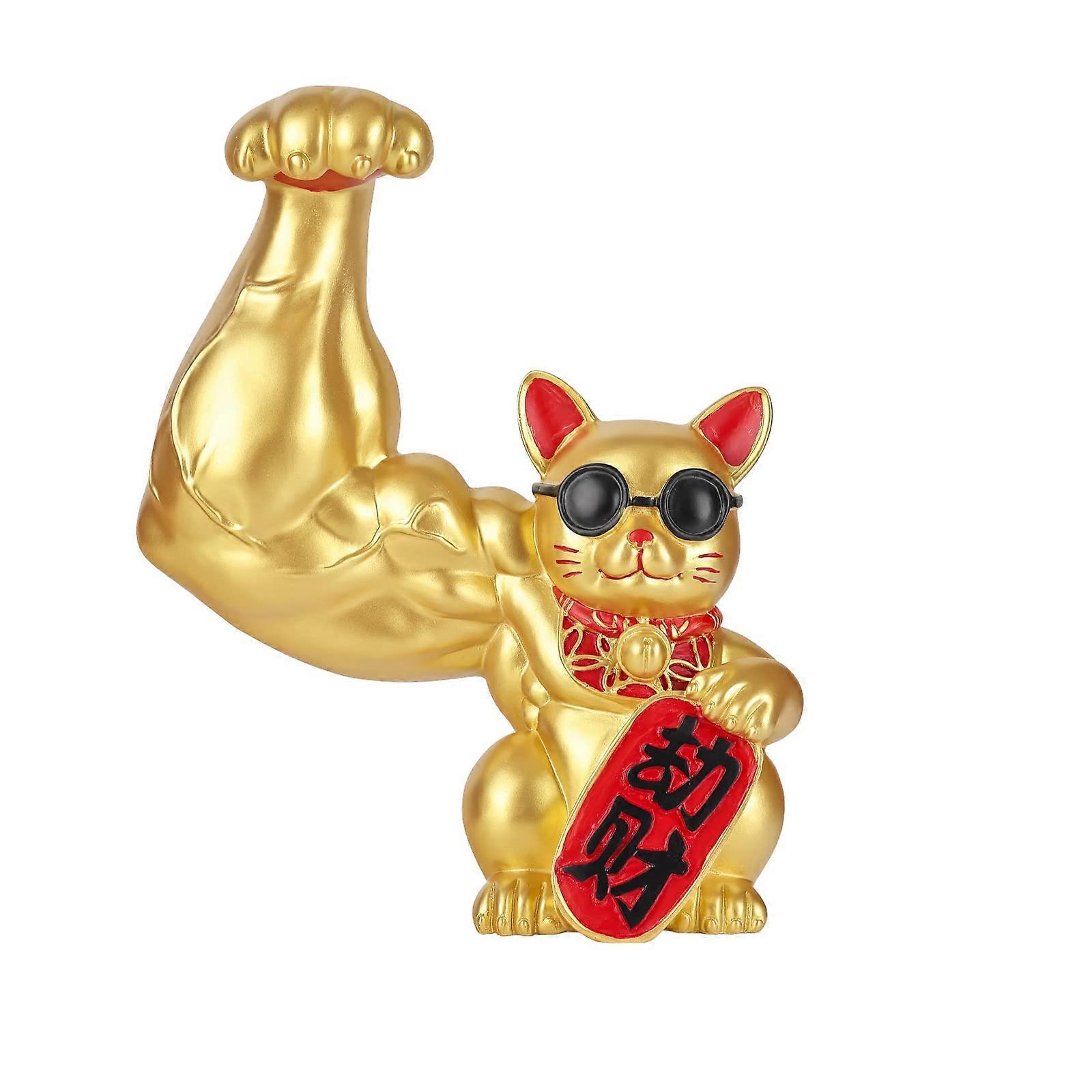 Lucky Cat Statue with Muscle Arm Design Gold Maneki Neko for Wealth Home Office Decoration Medium
