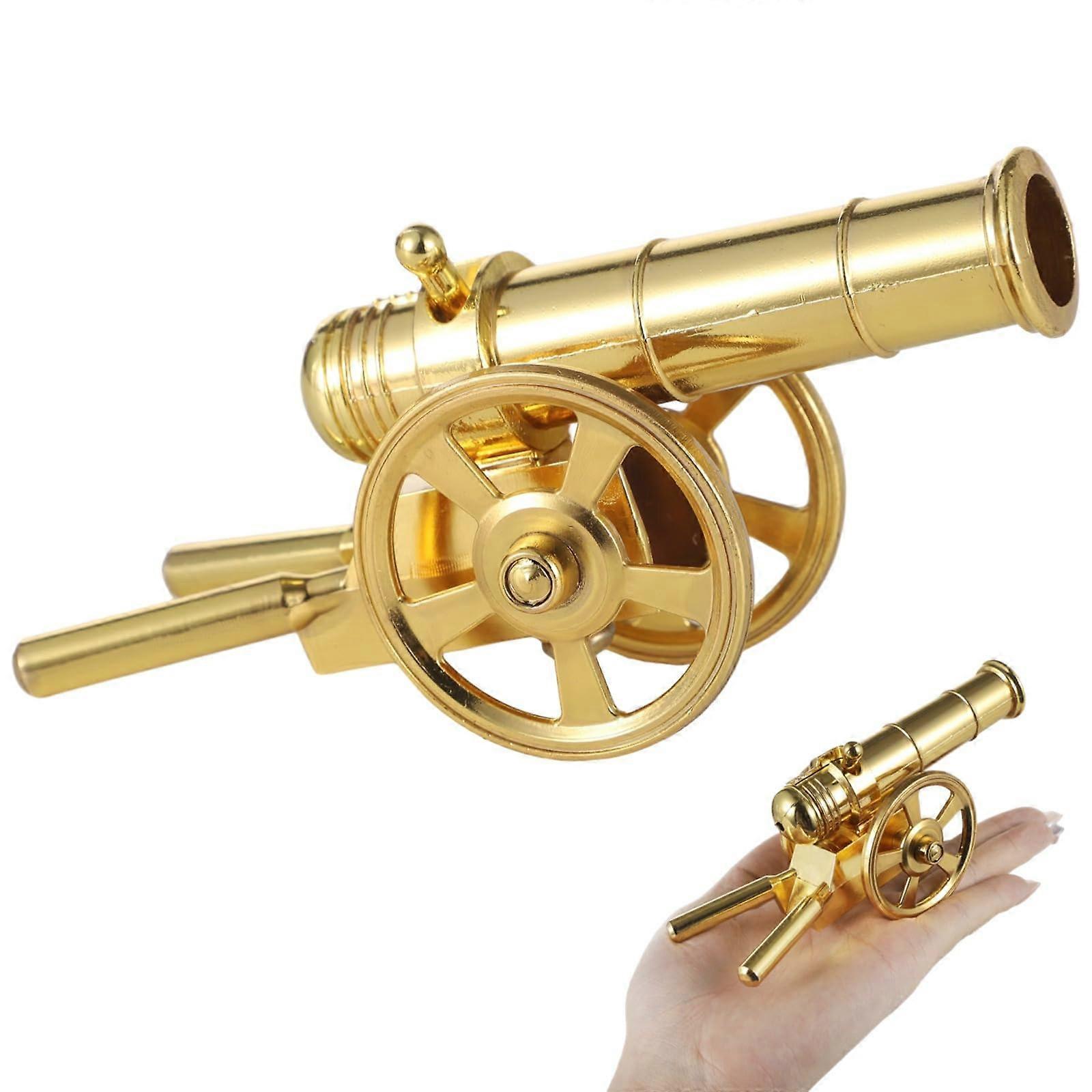 Cannon Replica with DualWheel Stability, Elegant Golden Finish, Rotating Barrel Decorative Statue