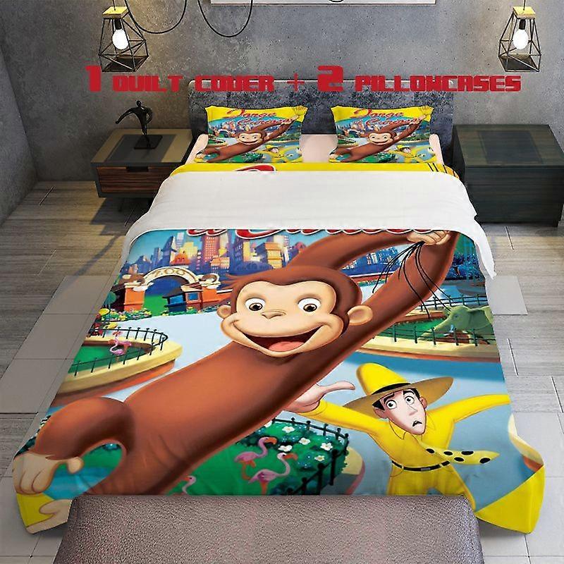 3pcs Curious George Anime Theme Bedding Set   Vibrant Digital Print Polyester