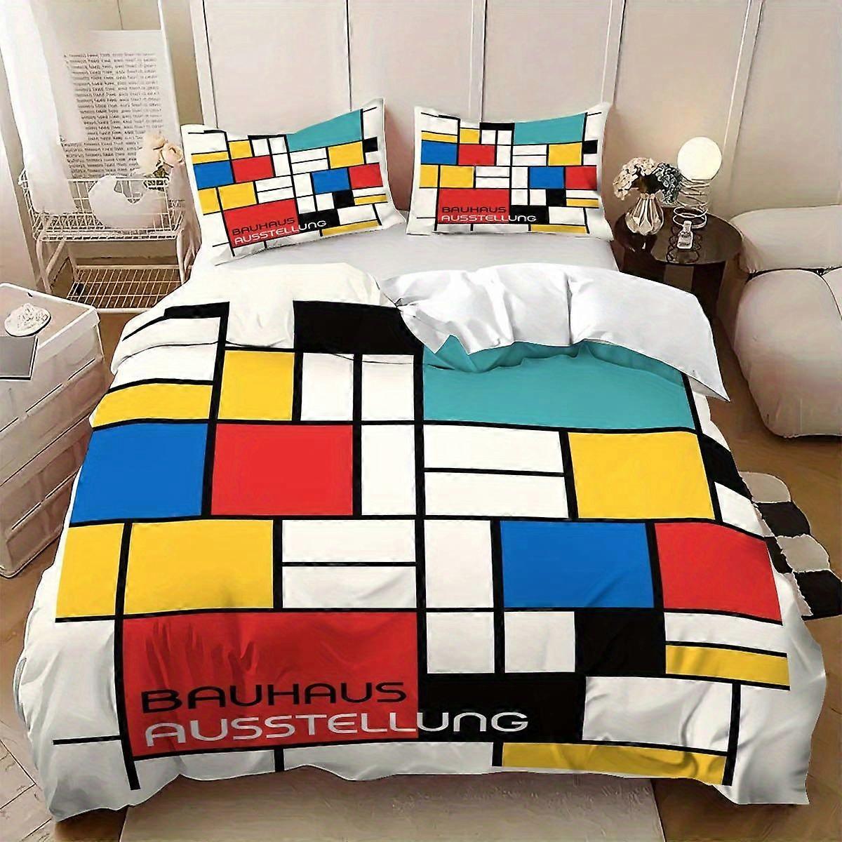 Bettwäsche-Set im Bauhaus-Ausstellungsplakat-Stil mit geometrischem Design in Primärfarben, dreiteilig, bestehend aus Bettbezug und Kissenbezug