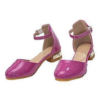 Sapatos de salto alto para meninas, estilo daminha de honra, com laço delicado, bico fechado, fivelas ajustáveis, rosa pink, tamanho 14,5-15 anos.