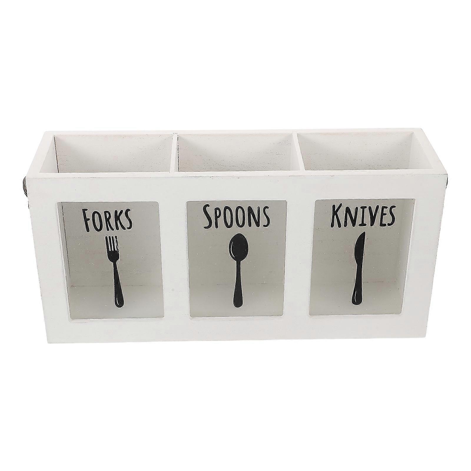 White Wooden Silverware Storage Box with 3 Compartments for Tableware