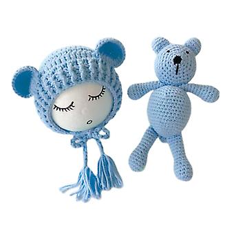Veeki Newborn Photography Props Crochet Boys Girls Knitted Bear Toys with Bear Hat, Suitable for 3-4 Months Baby (sky blue)
