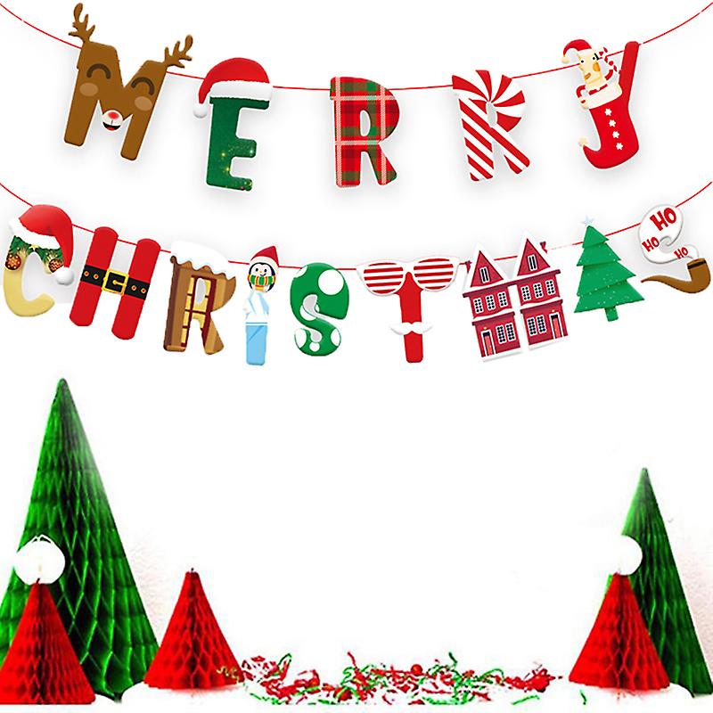 1pcs Merry Christmas Banner Wall Hanging Garland Xmas Tree Pattern Bunting Flag