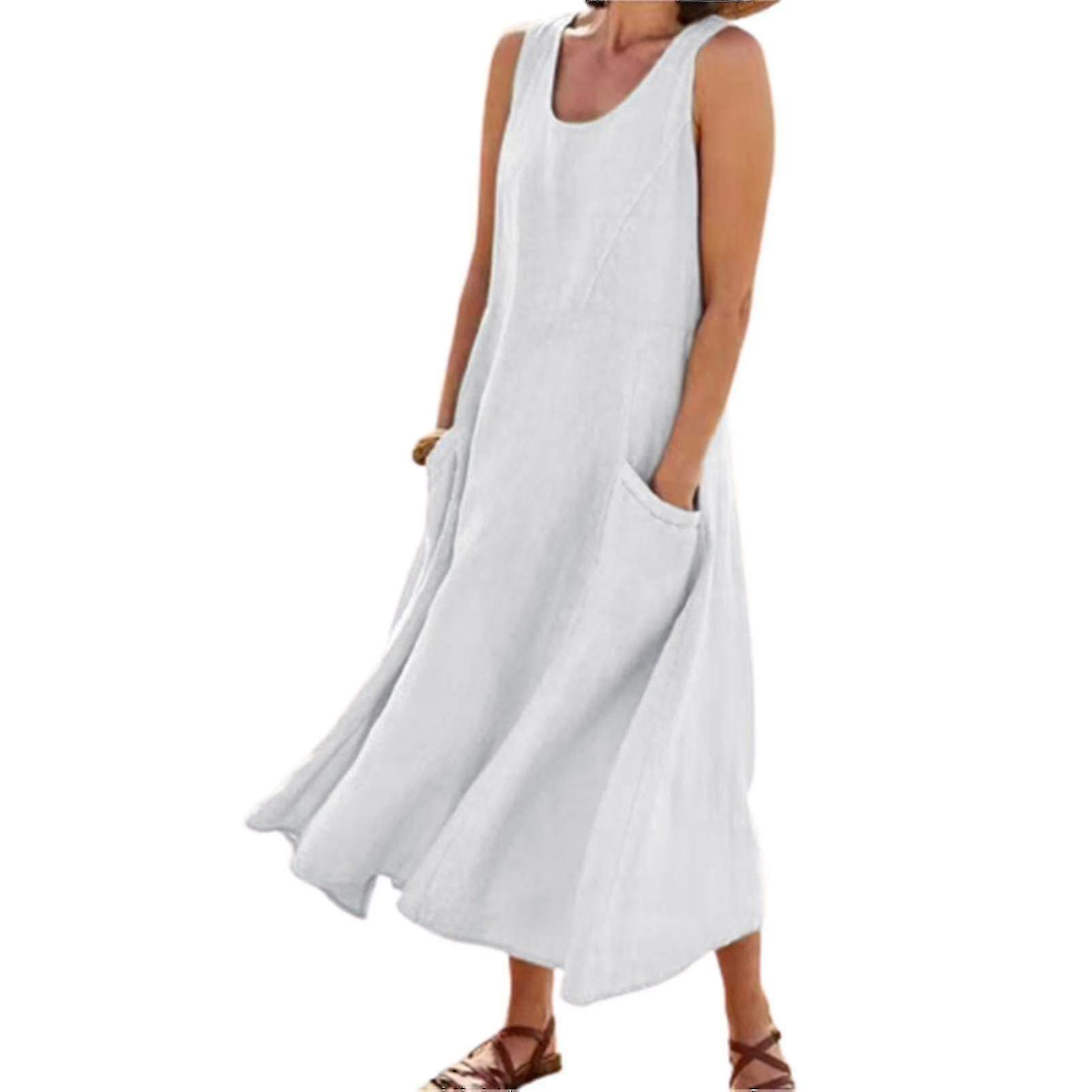 Robe en lin de coton sans manches pour femmes avec poches Robe de réservoir de plage de style boho