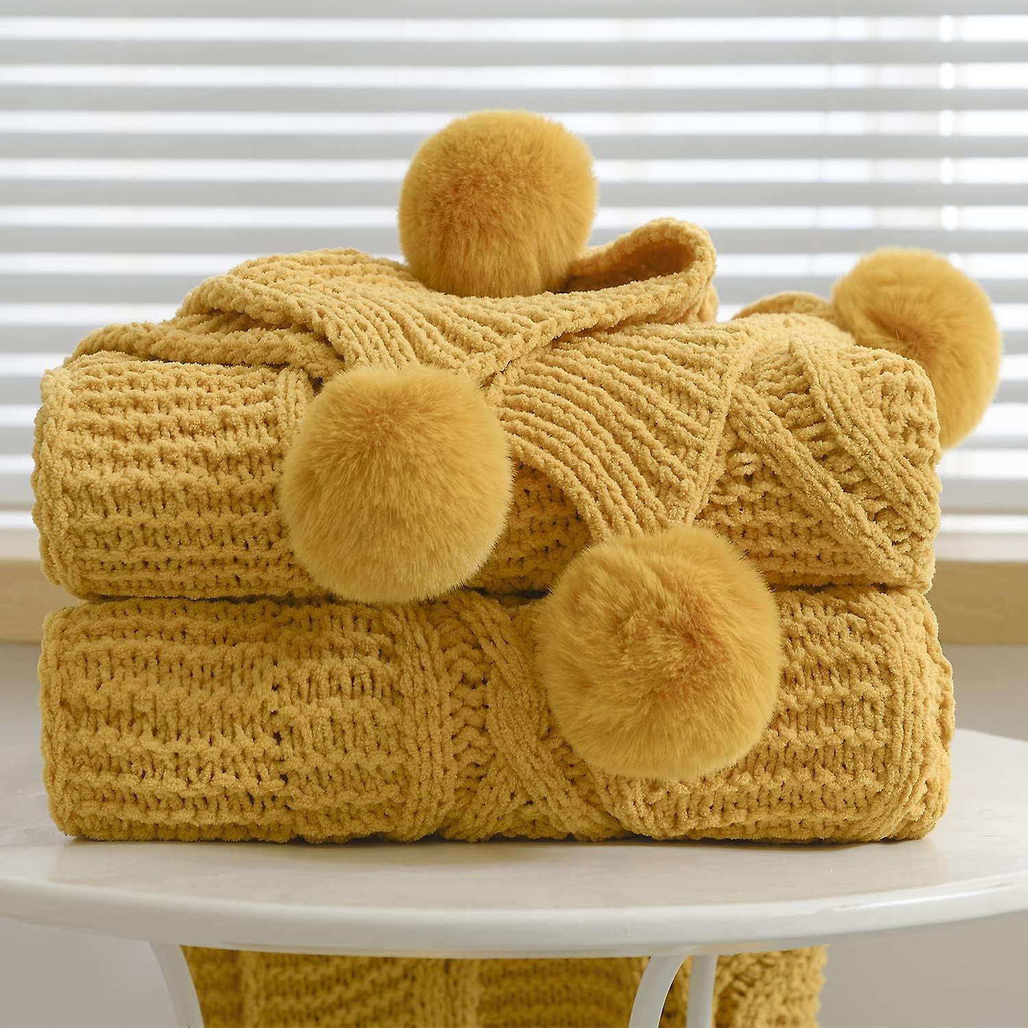 Chunky Knit Blanket With Pom Poms- Thick, Soft, Big, Cozy Throw