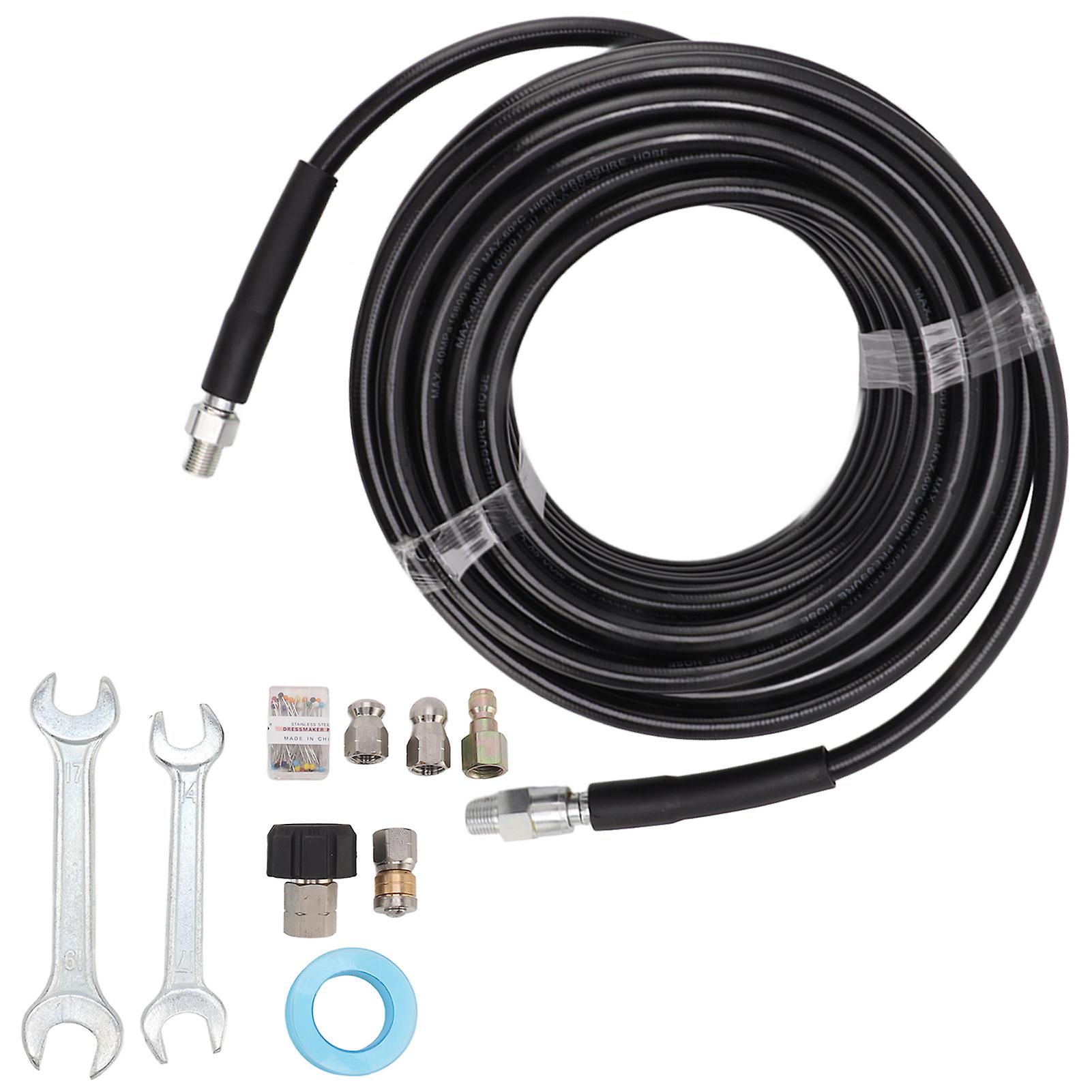 Professional Drain Cleaning System, Sewer Jetter Kit for High Pressure Washer, 15m Stainless Steel Hose, Rotating and Button Nose Nozzles, Quick