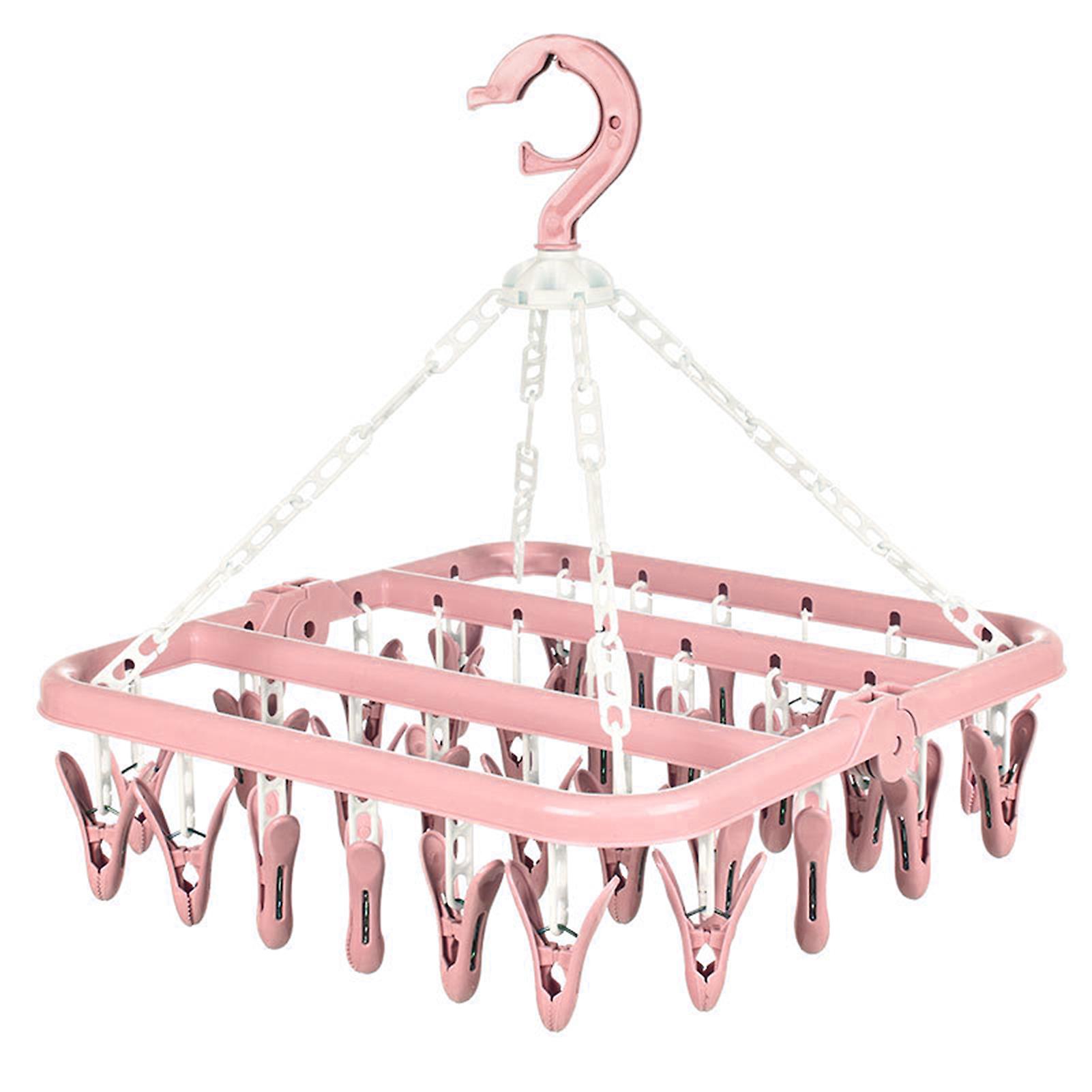 Pink 32-Clip Rotating Hanger with Windproof Lock for Laundry
