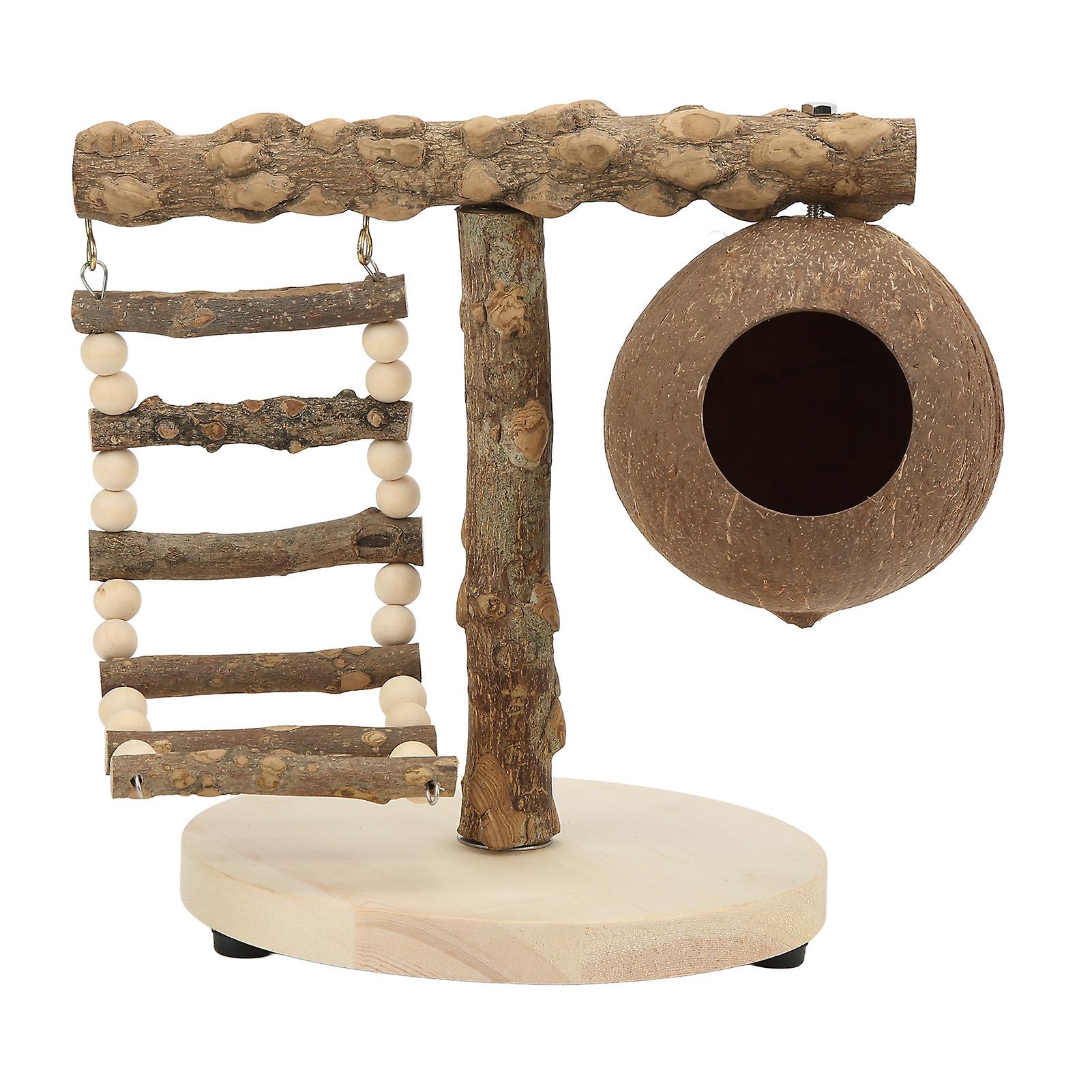 Bird T Play Stand Natural Tabletop T Parrot Perch Cage Toy with Base Climbing Ladder and Coconut Shell Nest