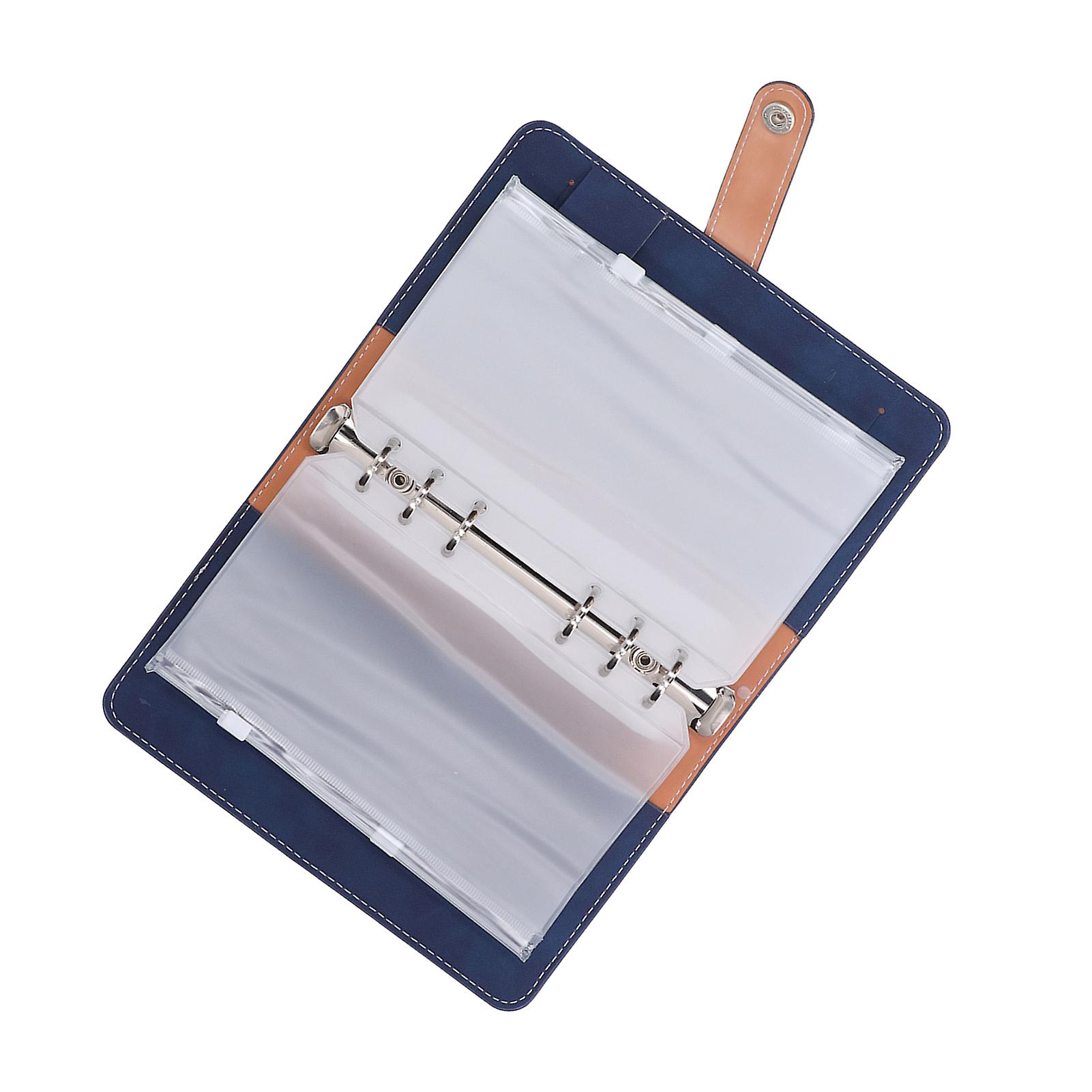 Cash Binder A6 Portable Size PU Leather 6 Pre Punched Holes Budget Binder with 12 Clear Zip Pockets Small Labels Blue 