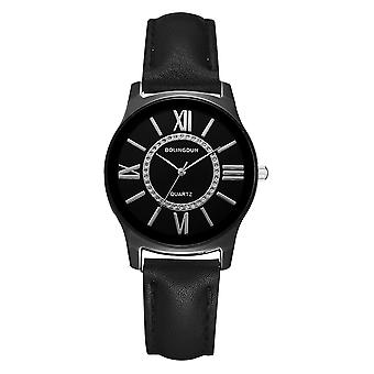 Femmes Alliage Boîtier PU Cuir Montre Chiffres Romains Affaires Casual Montre-bracelet (Noir Femme)