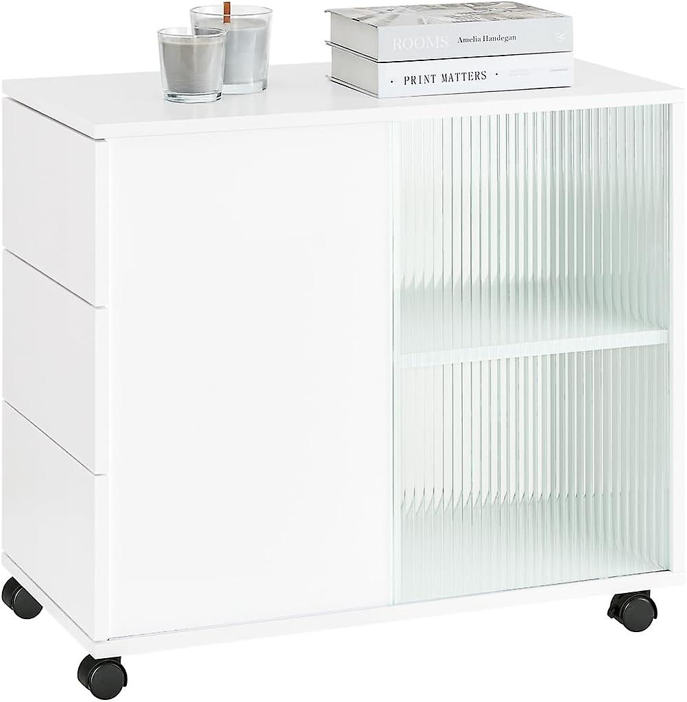 SoBuy FBT141-W, armoire de rangement mobile Table d’appoint de canapé avec 2 portes coulissantes en verre Table d’appoint avec 3 tiroirs et 2 compartiments de rangement