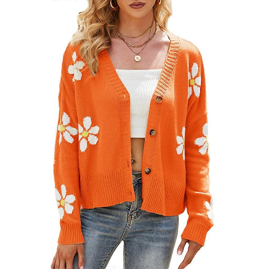 Damen Blumen Strickjacke Langarm Offen vorne Button Down Strickpullover mit V-Ausschnitt