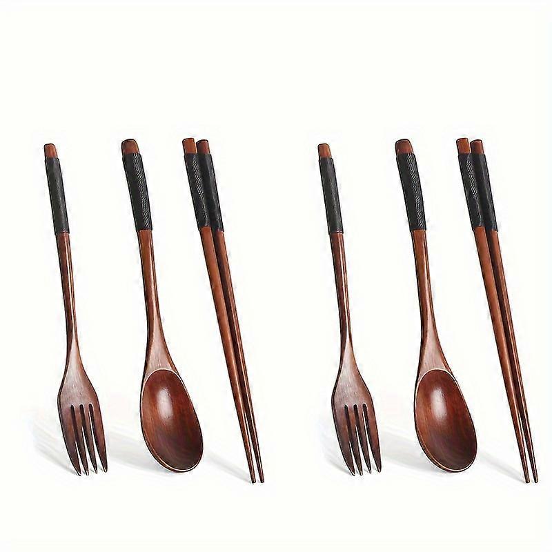 2set Tableware Set Solid Wood Long Handled Forks, Spoons, Chopsticks Set