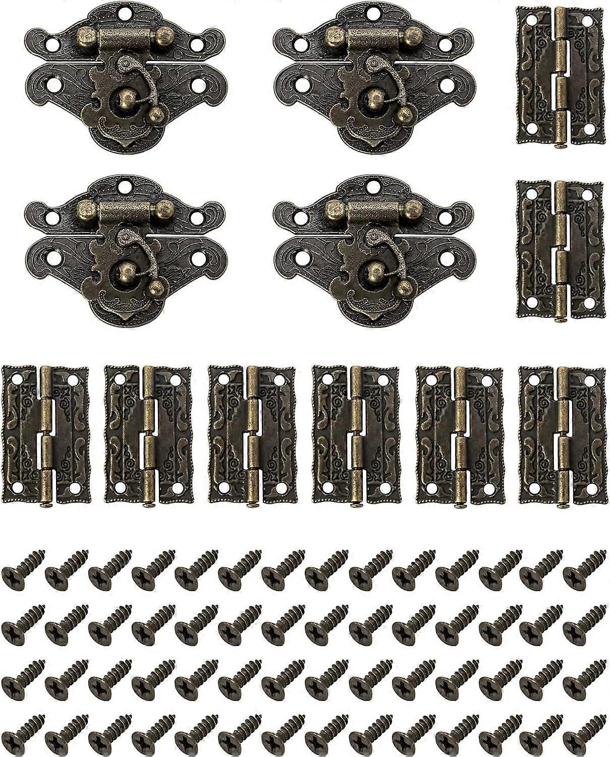 A set of 2 antique retro locks with 4 hinges and 28 screws, used to decorate cabinet boxes