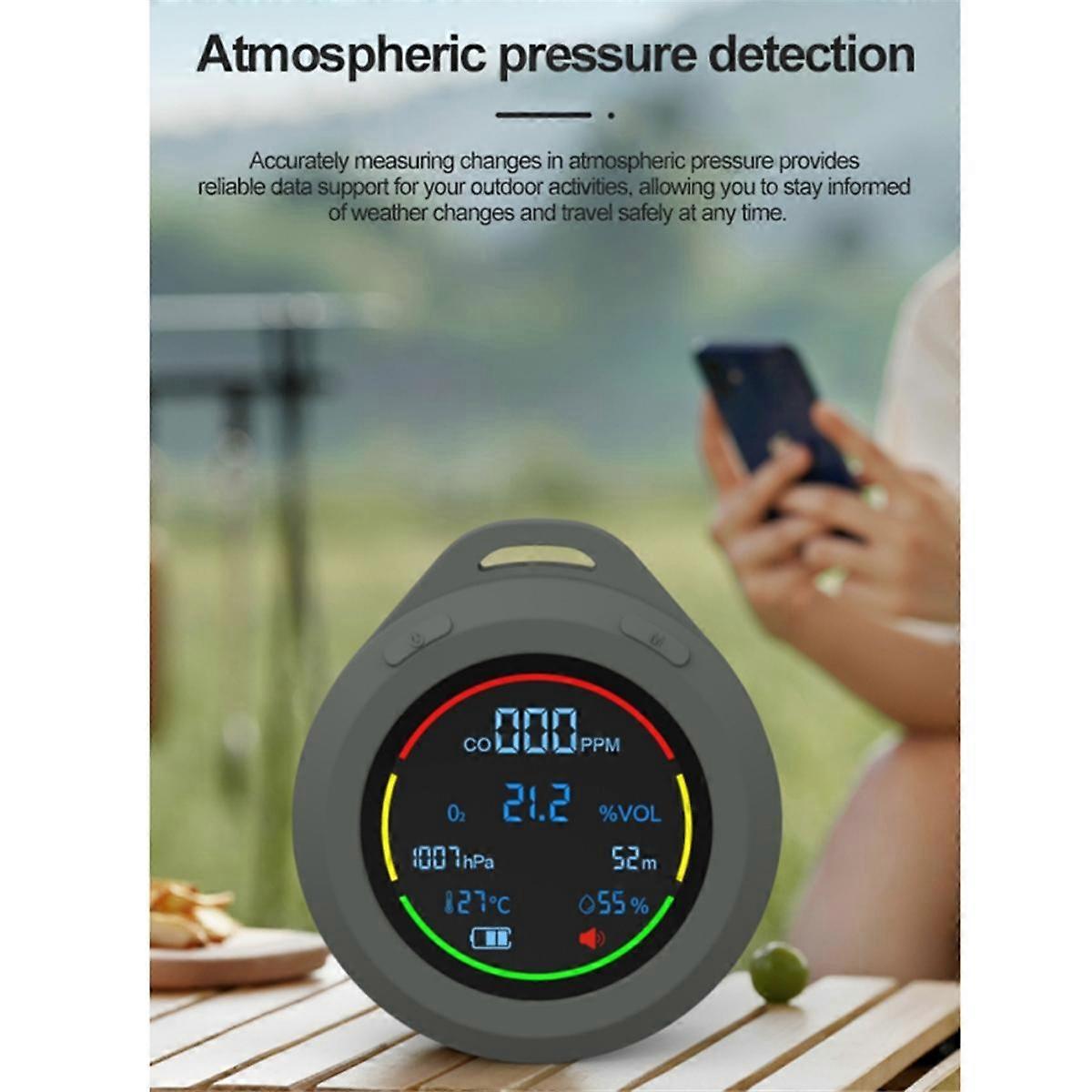 Rilevatore di qualità dell'aria 6 in 1 per CO, O2, temperatura, umidità, pressione atmosferica, altitudine, monitor per interni e viaggi