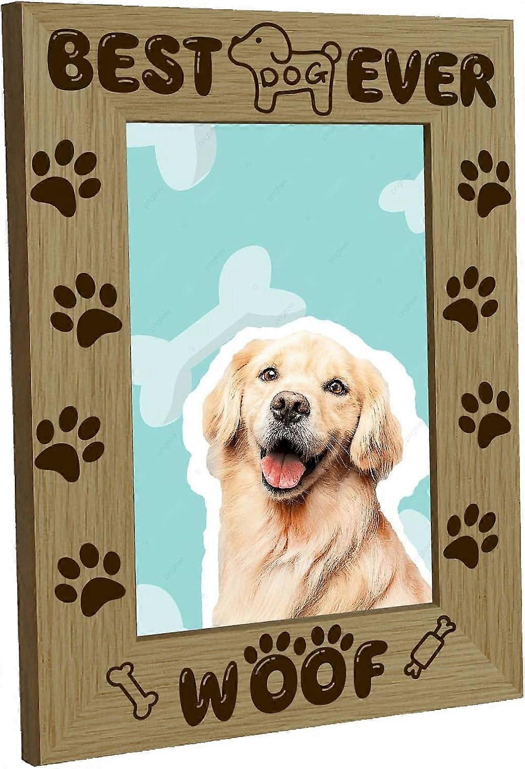 Best Dog Ever Woof Picture Frame Pet Paws Wood Photo Frames Engraved Display Wooden Tabletop Postcard Frame for Hanging Wall Gallery Birthday Christma