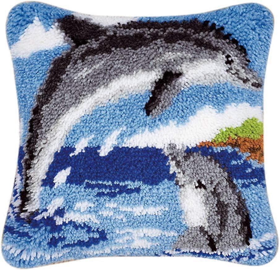 dolphin Latch Hook Pillowcase Making Kits, Latch Hook Kit DIY Rug Embroidery Elephant Pattern, Canvas and Embroidery Cross Stitch 43cm 43cm - Latch H