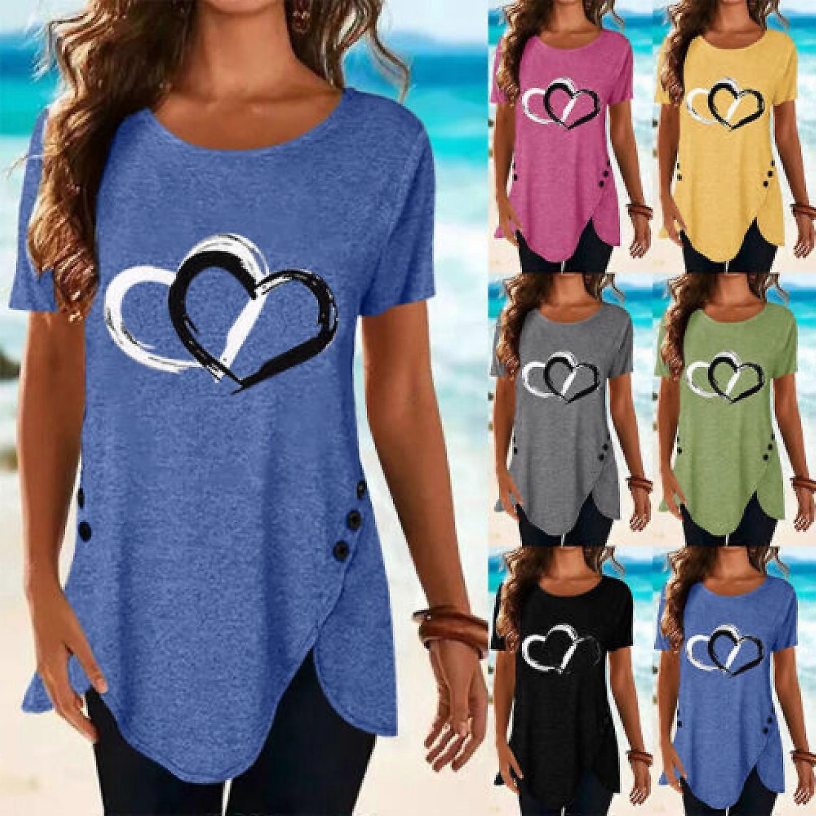تي شيرت نسائي بأكمام قصيرة ، رقبة مستديرة ، تنحنح غير منتظم ، زخرفة بأزرار ، تصميم حب ، تي شيرت نسائي بسيط