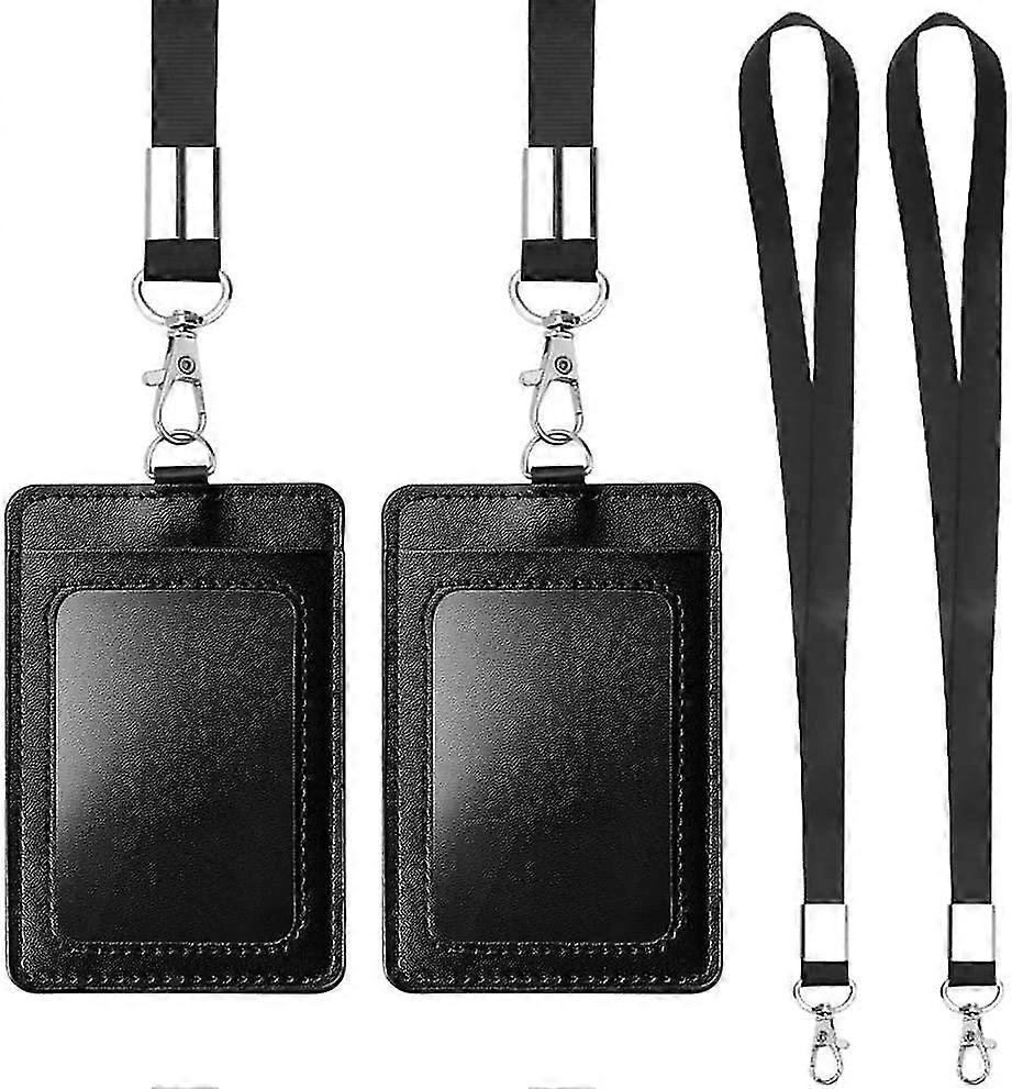 Badge-Halter, vertikale PU-Leder-ID-Kartenhalter mit klarem ID-Fenster und abnehmbarem Halsbandschwarz2er Pack