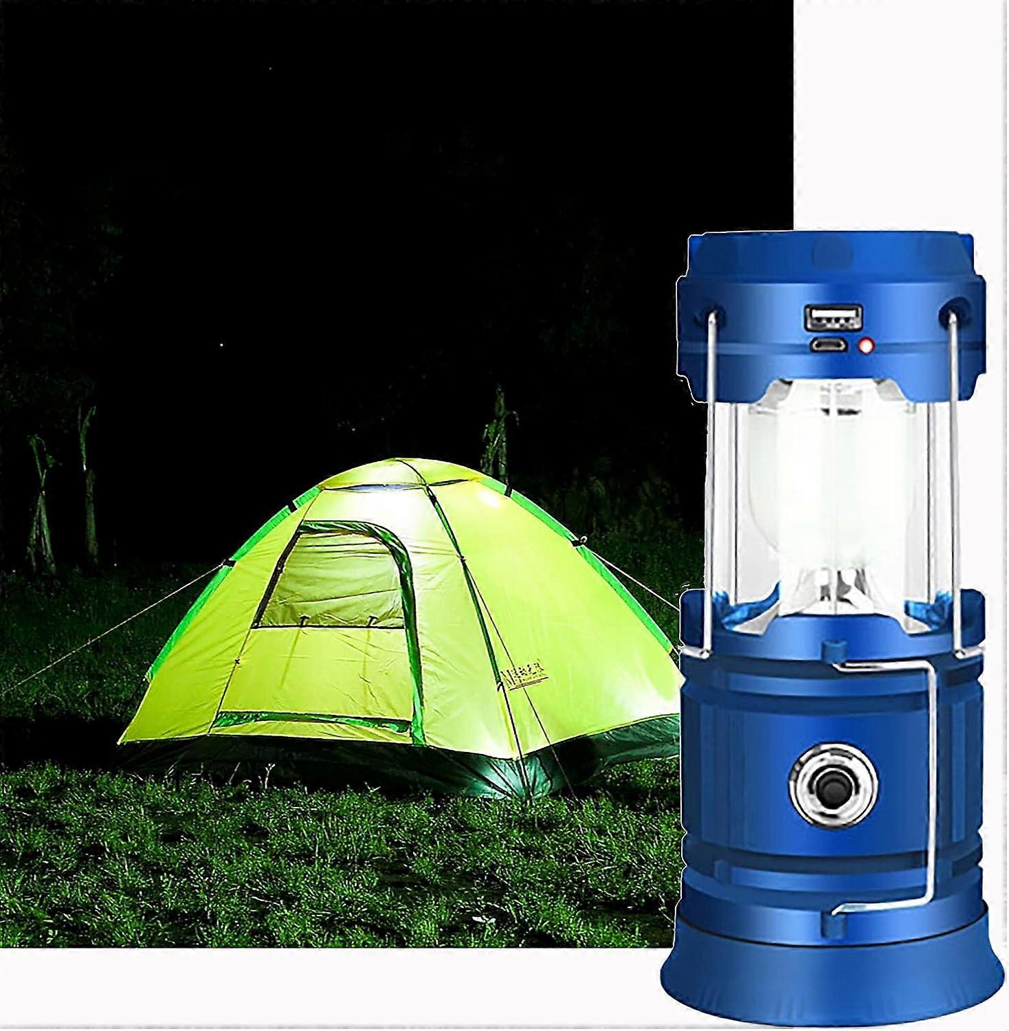 Blue Solar/USB Rechargeable LED Lantern, Powerful Camping Light, 2 Modes Portable Garden Lantern, 360 Torch Hanging Lighting with Waterproof