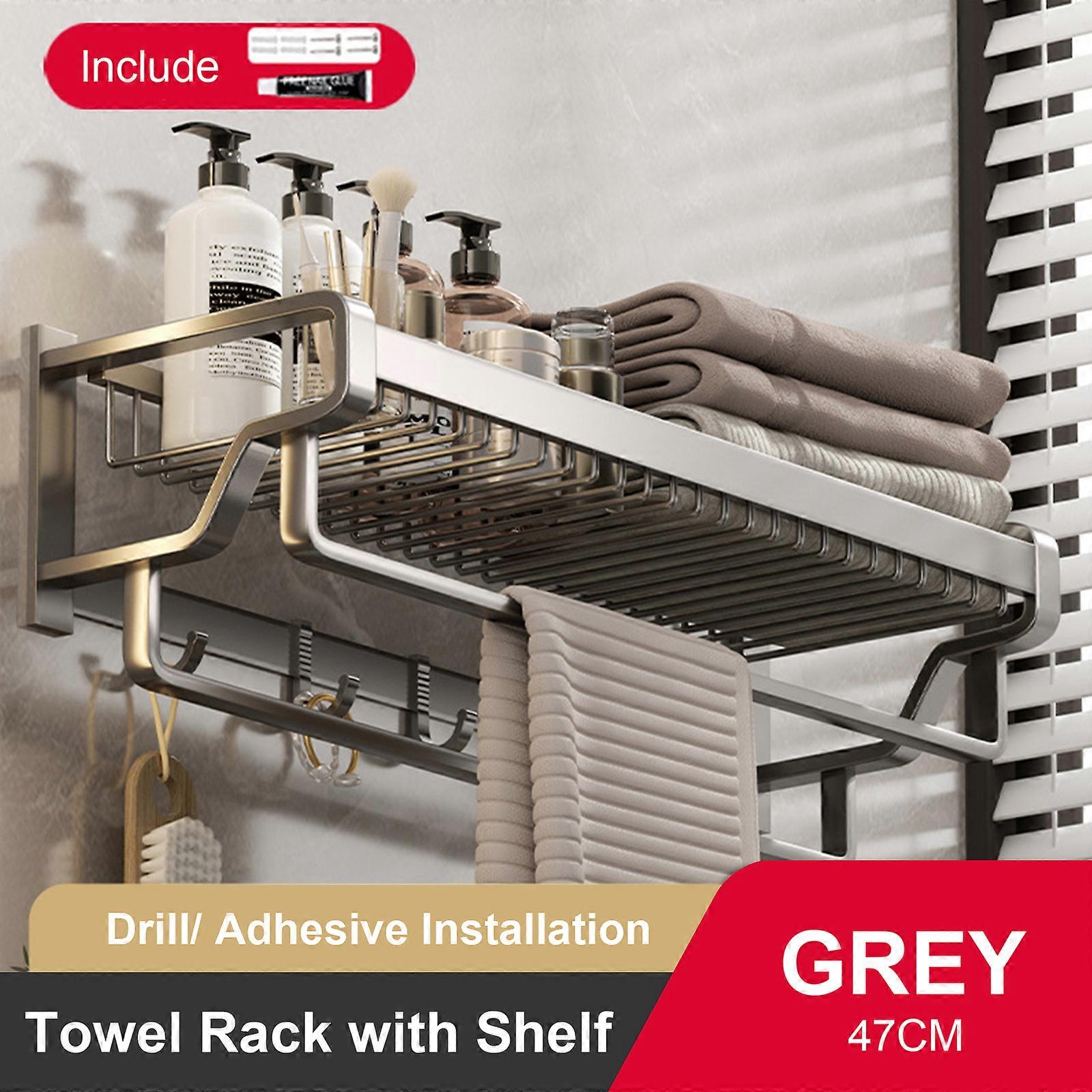 kylpyhuoneen pyyhepidike pyyheteline harmaa 47cm taitettava pidike koukulla hyllyllä seinäkiinnitys alumiininen pyyhetanko