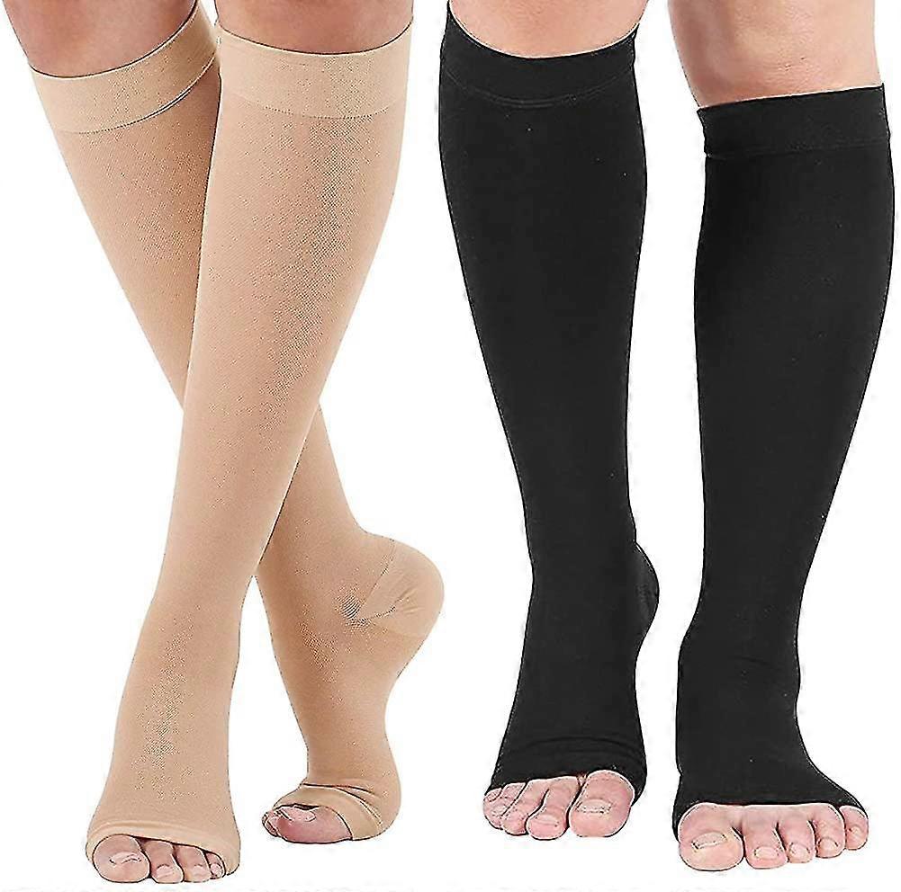 Open Toe Compression Socks 2 Pairs 20-30 Mmhg Knee High Support Stockings Toeles