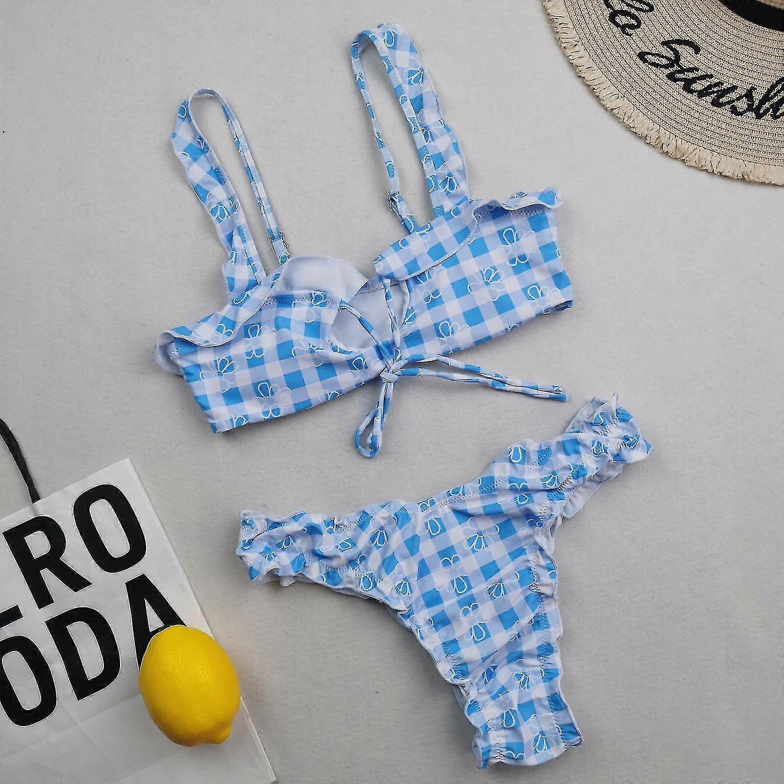 Femme Sexy High Breast Contrast Plaid Print Split Bikini Set Ensemble De Maillot de Bain Deux Pièces