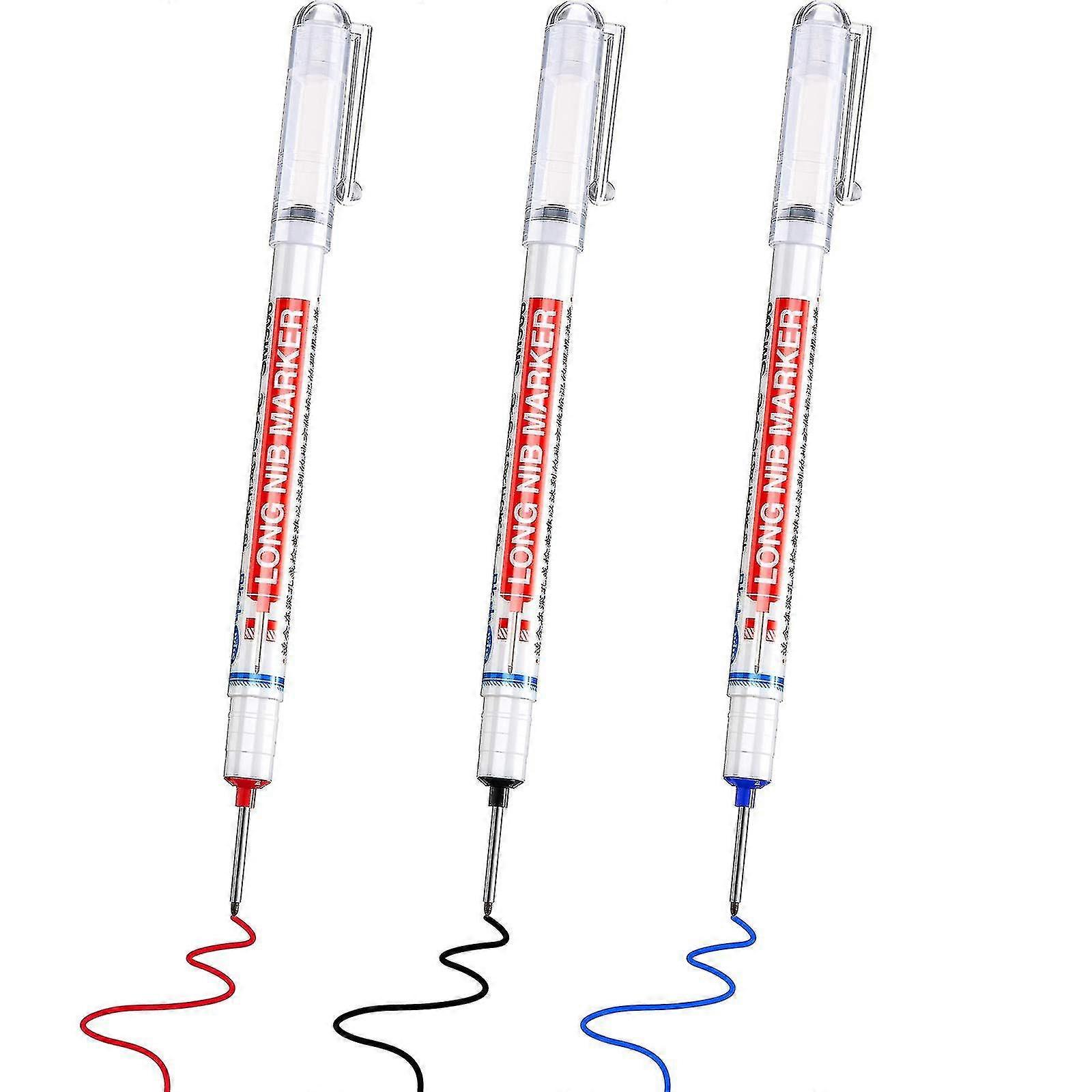 3 Pcs Multi-purpose Deep Hole Pens Deep Drill Hole Long Nib Deep Hole Pens Colorful Carpenter Pen, Red, Black, Blue