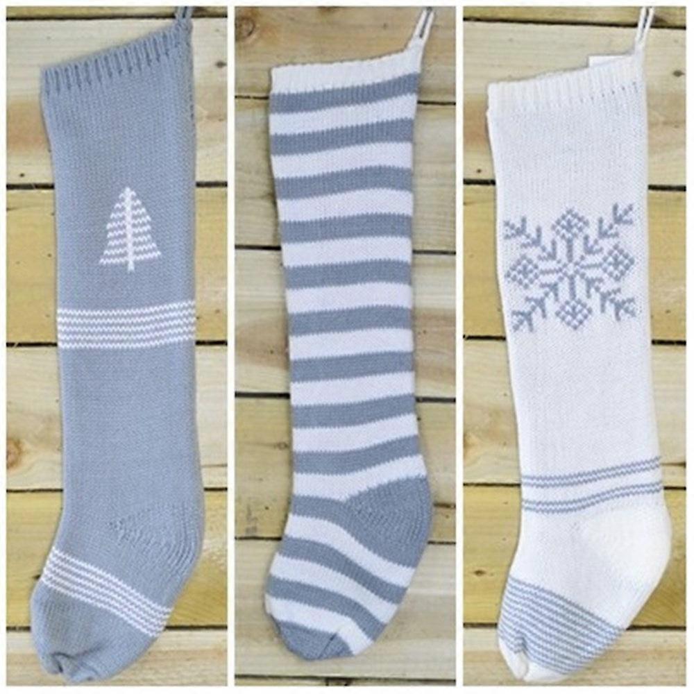 Winter Grey & White Christmas Stocking - Stripey/christmas Tree/snowflake