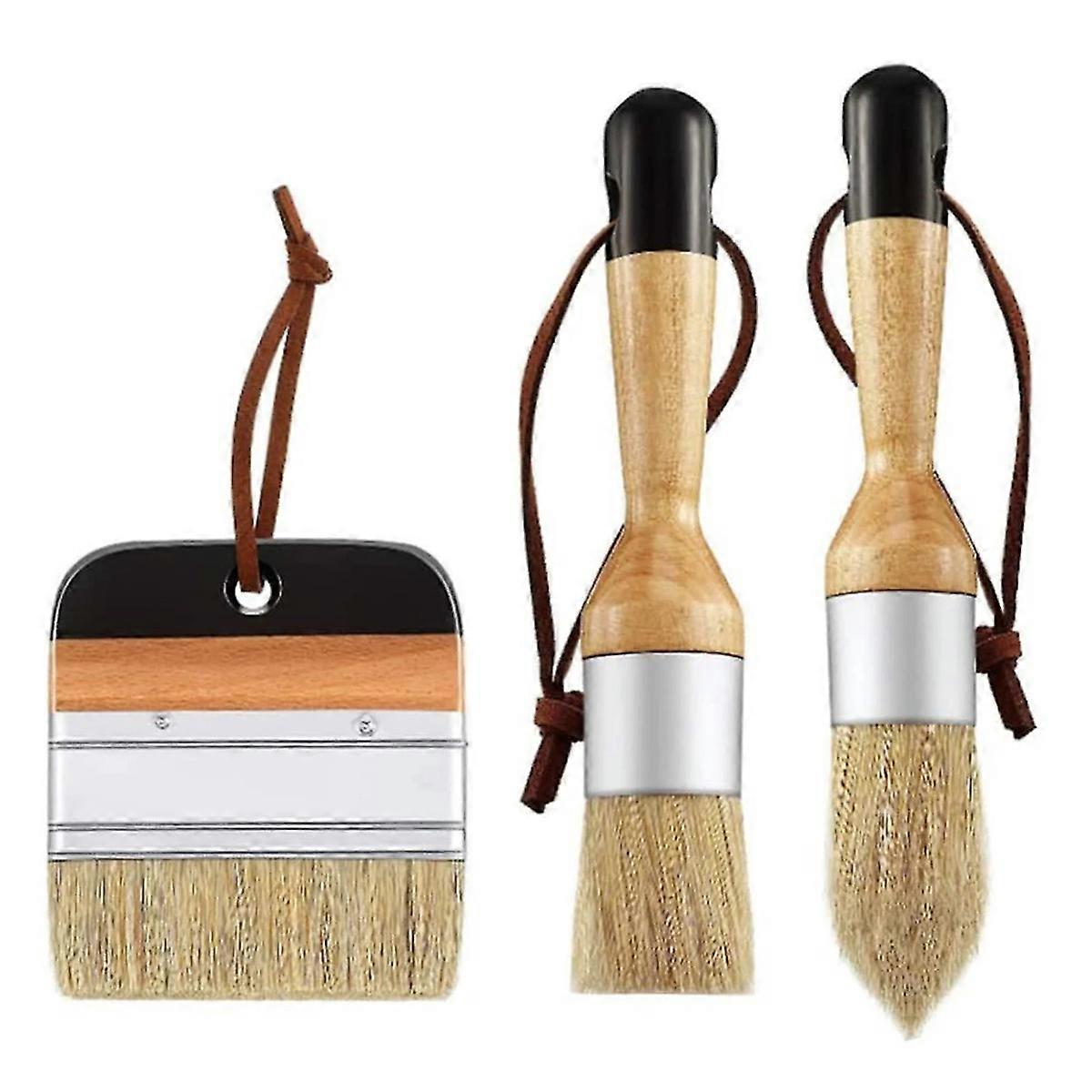 Professional Chalk and Wax Paint Brush, Made in Europe, Solid Wood Handle for Ergonomic Grip, Includes Flat, Pointed, and Round Brushes, 3 Pieces Set