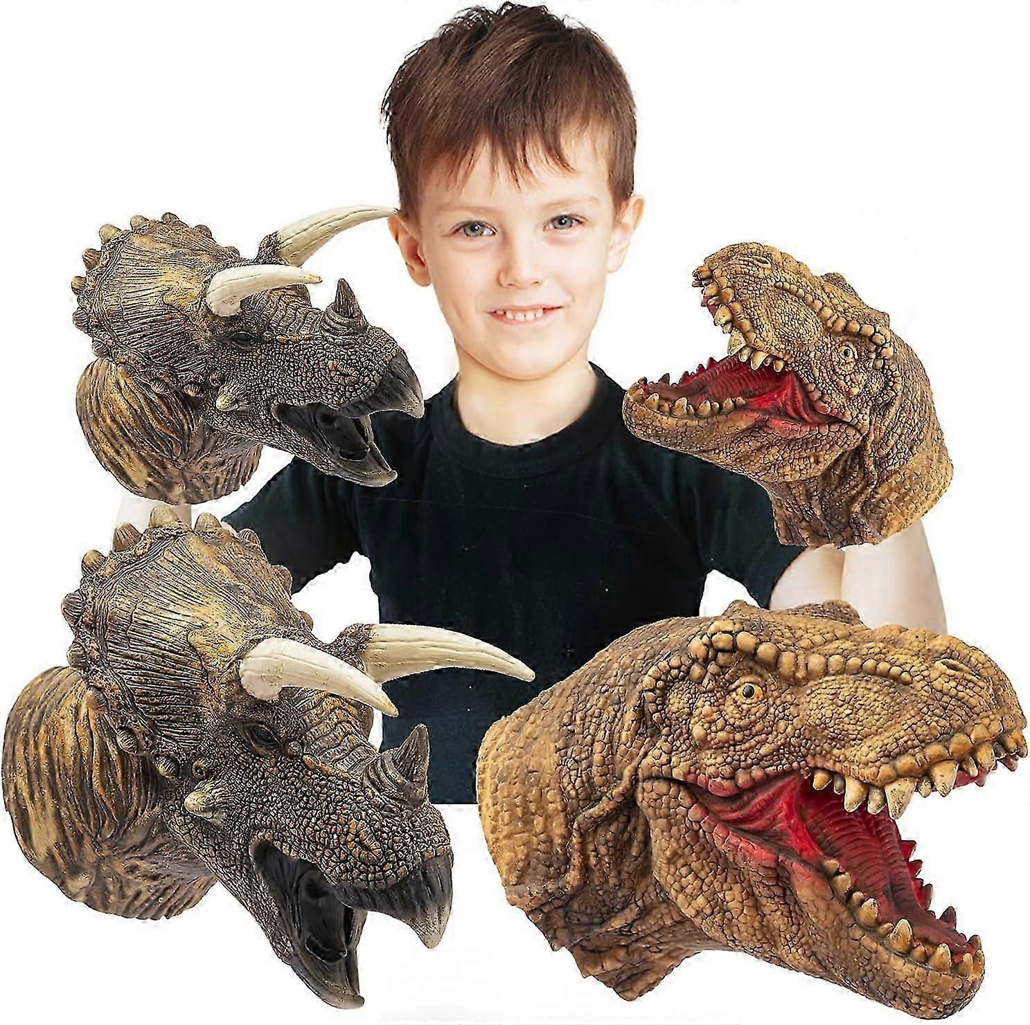 Dinosaur Hand Puppets Realistic Latex Soft Animal Head Toys Set, Hand Puppet Toys Gift for Kids (Tyrannosaurus & Triceratops)