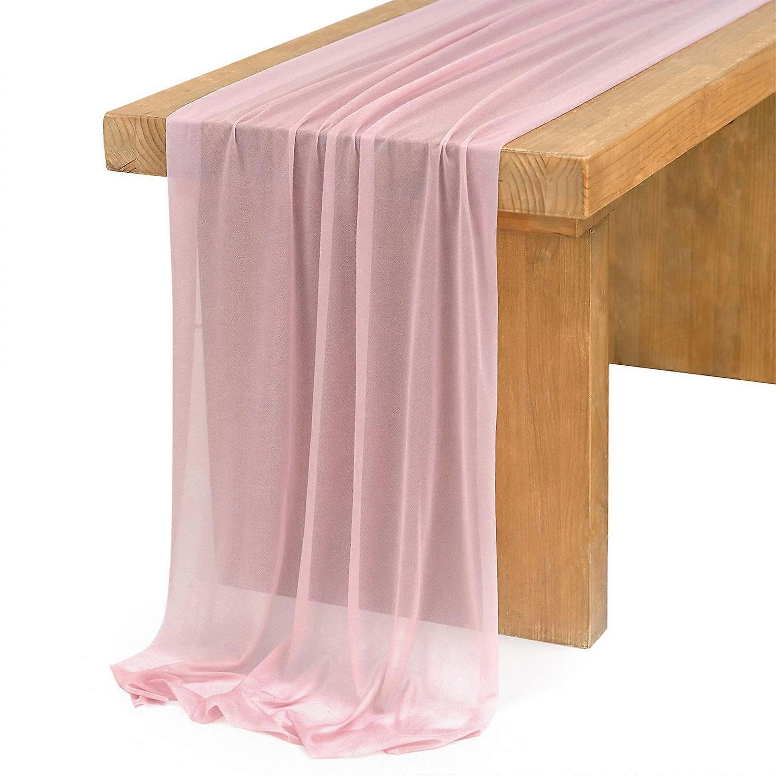 14Ft Dusty Rose Sheer Chiffon Table Runner with Silver Sparkle for Wedding Reception and Event Decor