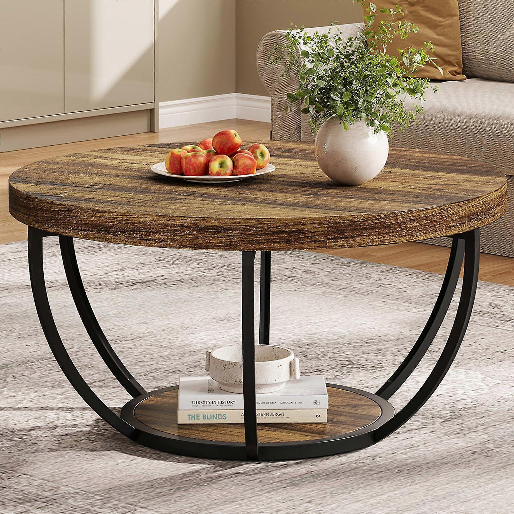 Table basse ronde Tribesigns, table basse industrielle à 2 niveaux, table d'appoint moderne pour salon, marron rustique et noir