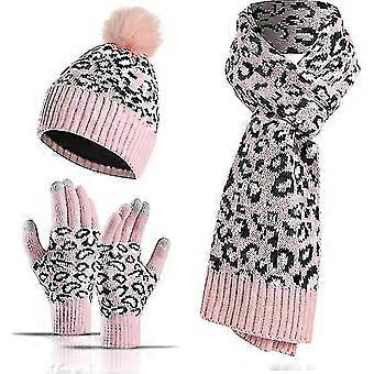 Leopard Muts Muts Sjaal Touch Screen Handschoenen Set Met Pom Voor Vrouwen