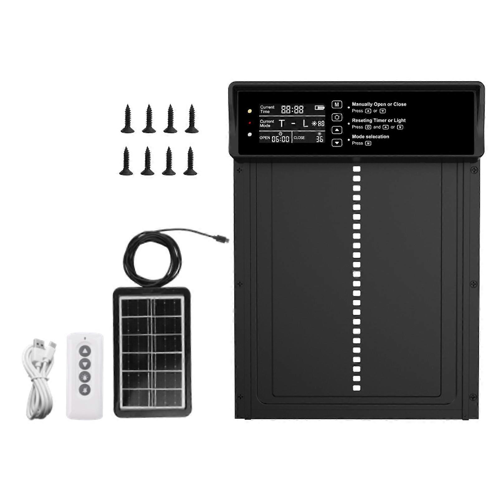 Solar Chicken Coop Door Automatic Open Close Timer Light Sensor Aluminium Alloy Durable Waterproof Remote Control Anti-Pinch Two Power Options Blac