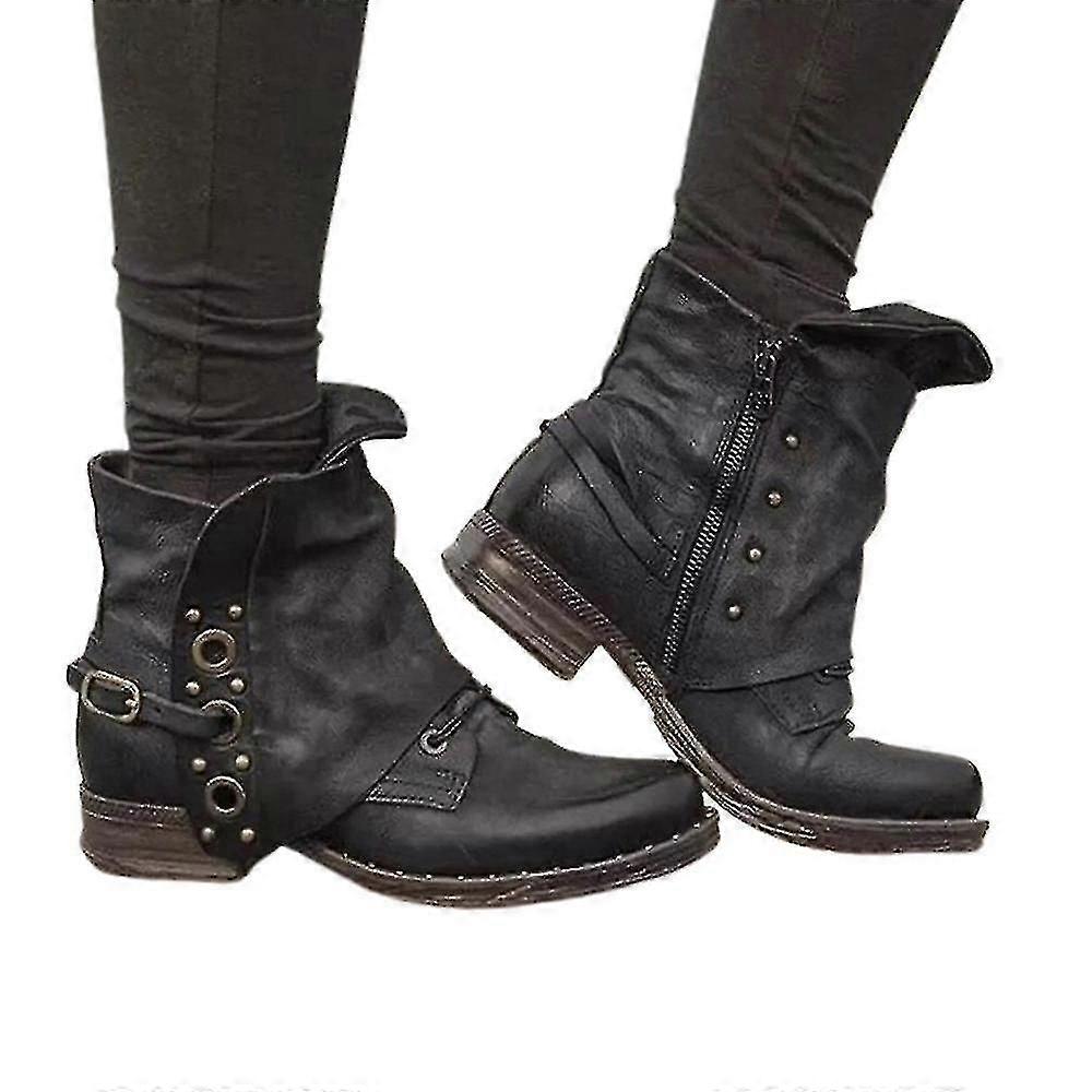 Femei Retro Biker Booties Botine Bloc Toc Fermoar Pantofi Casual - POP