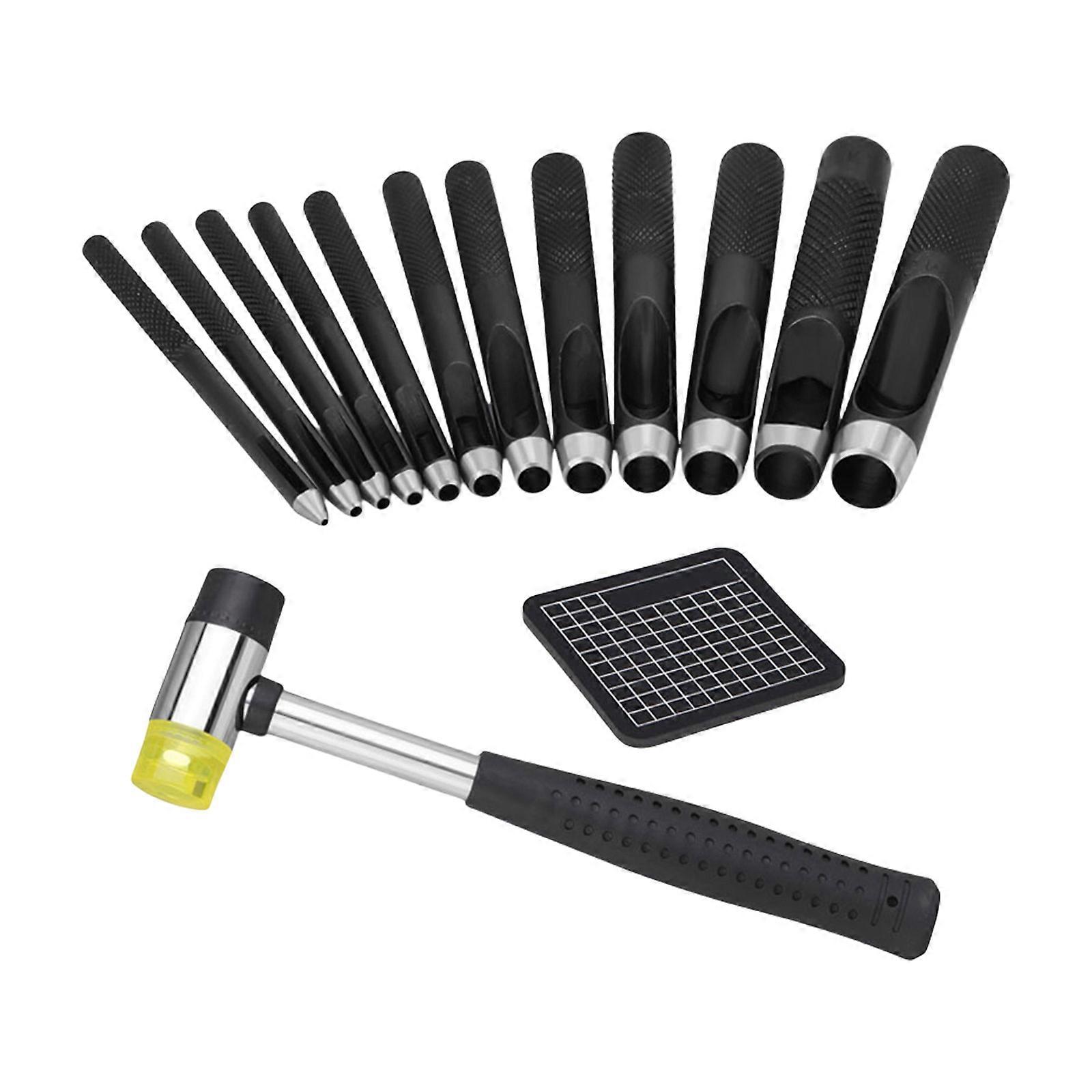 Hollow Punching Set with Hammer Round Leather Hole Punching Practical Leather Craft Punching Working Tool for Craft Project