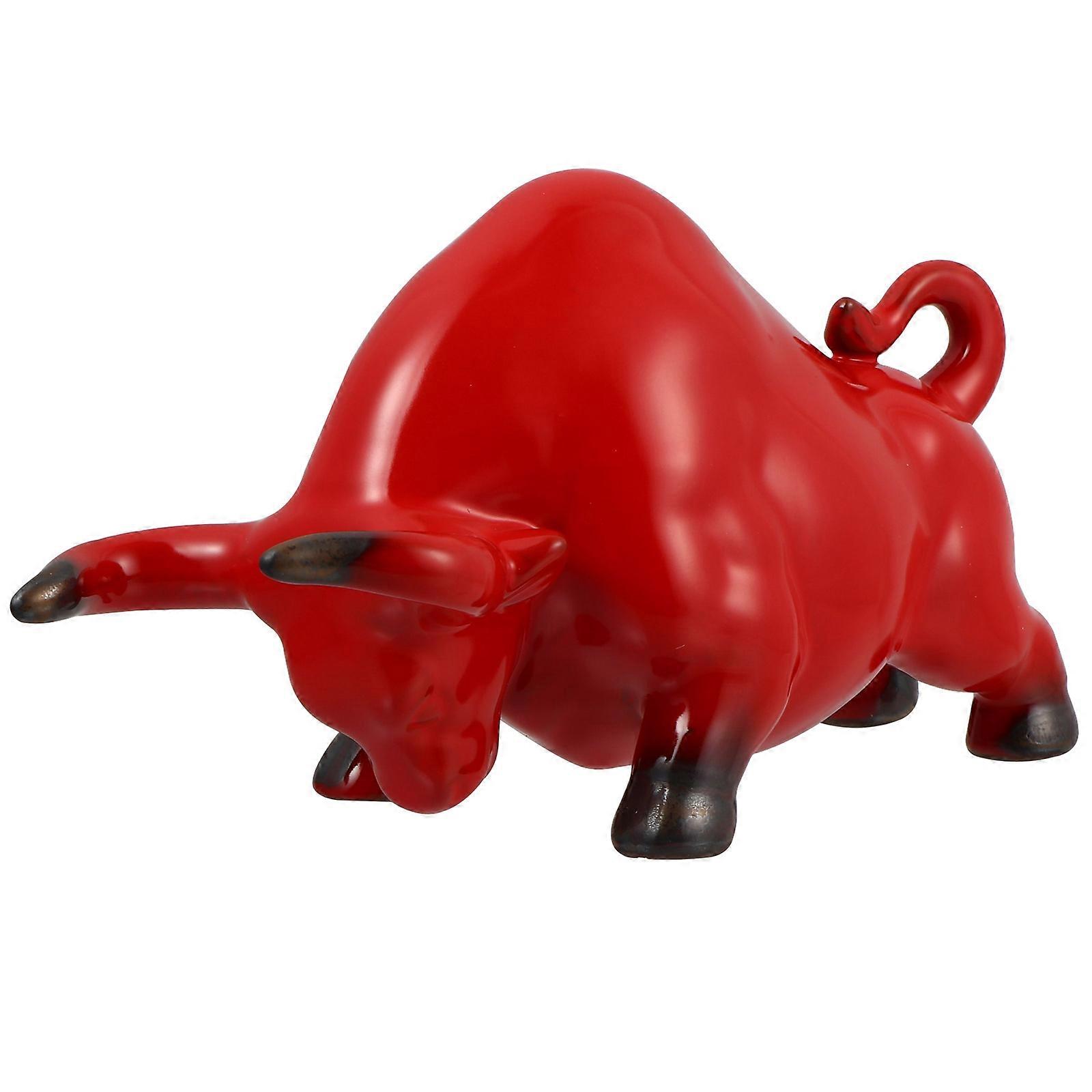 Bull Figure Chinese Tea Pet Feng Shui Design Home Decoration Red Ceramic 1Pc
