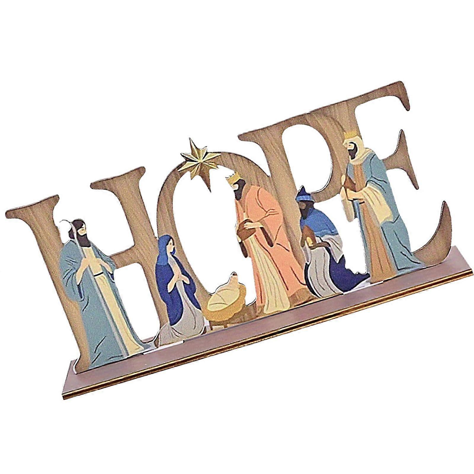Wood Nativity Figurine, Tabletop Decor With Hoping Sign, Keepsake Christmas Nativity Scene Display