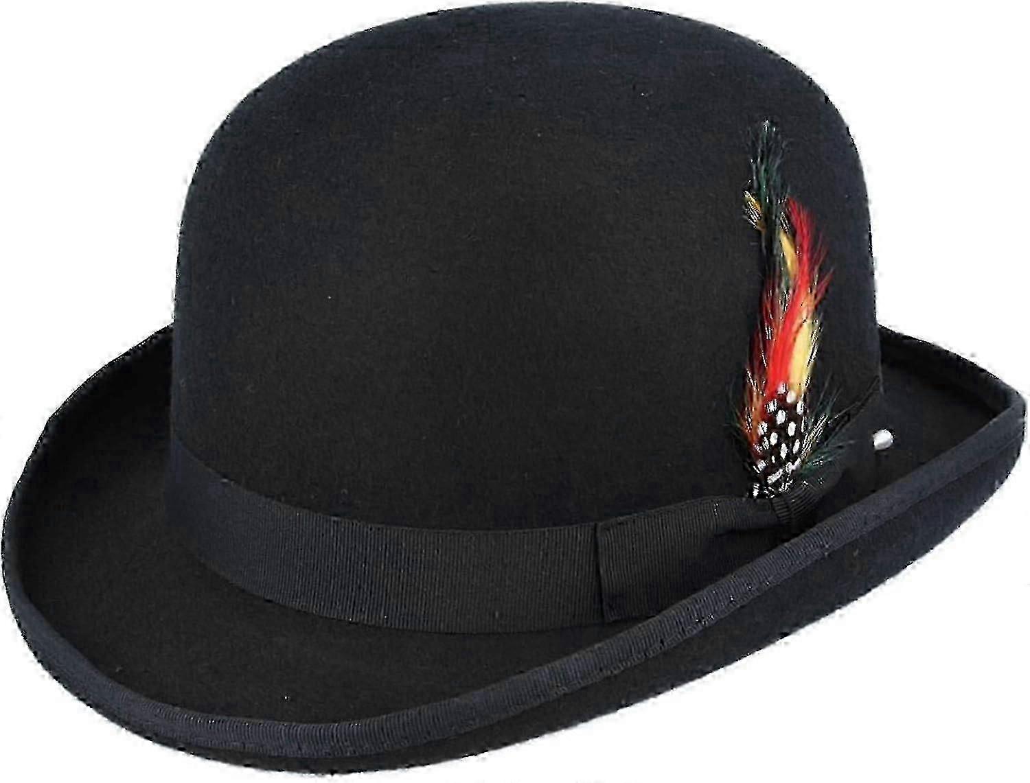 Unisex Hard Top Wool Bowler Hat With Feather Satin Lined Sizes S To Xl