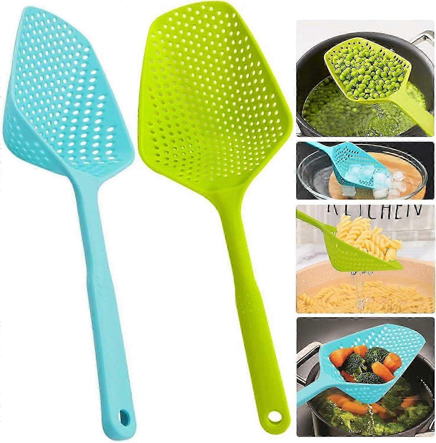 Large Scoop Colanders Strainers, 13.5' Pasta Strainer, Spaghetti Spoon(2 pieces, Green and Blue)