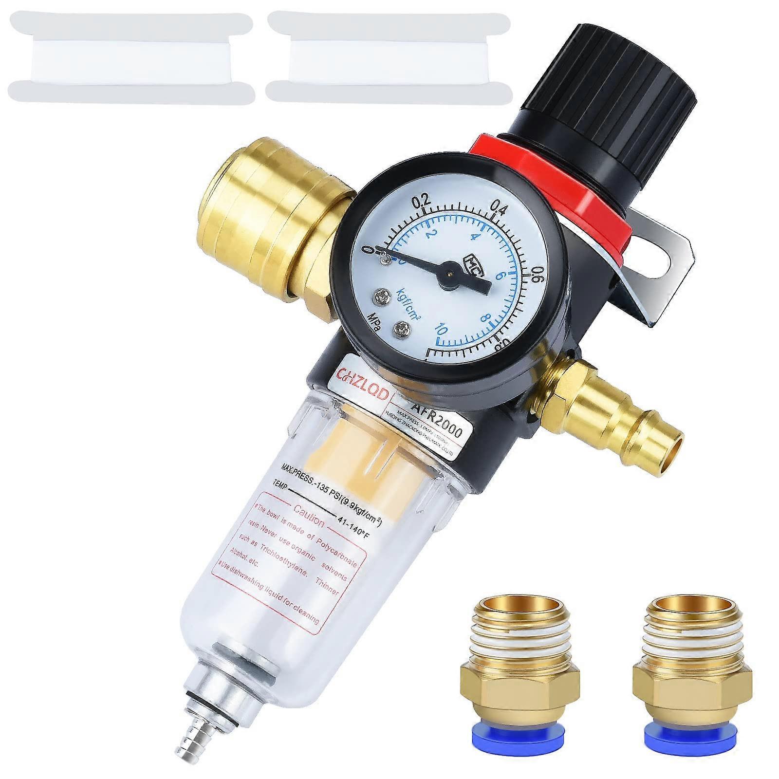 Pressure Regulator Compressed Air 1/4 BPS with Air Filter, Water Separator, Pressure Gauge, and German Quick Couplings
