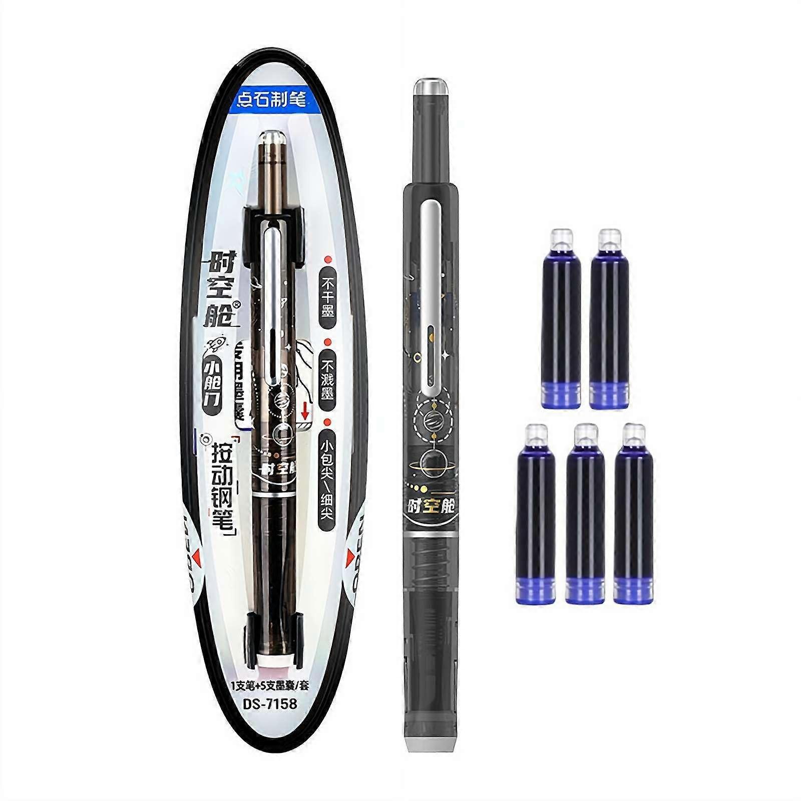 Fountain Pen, Retractable Writech Pen, 0.38mm Calligraphy Pens With 5 Refillable Ink Cartridges for Smooth Writing (Black) Black One Size