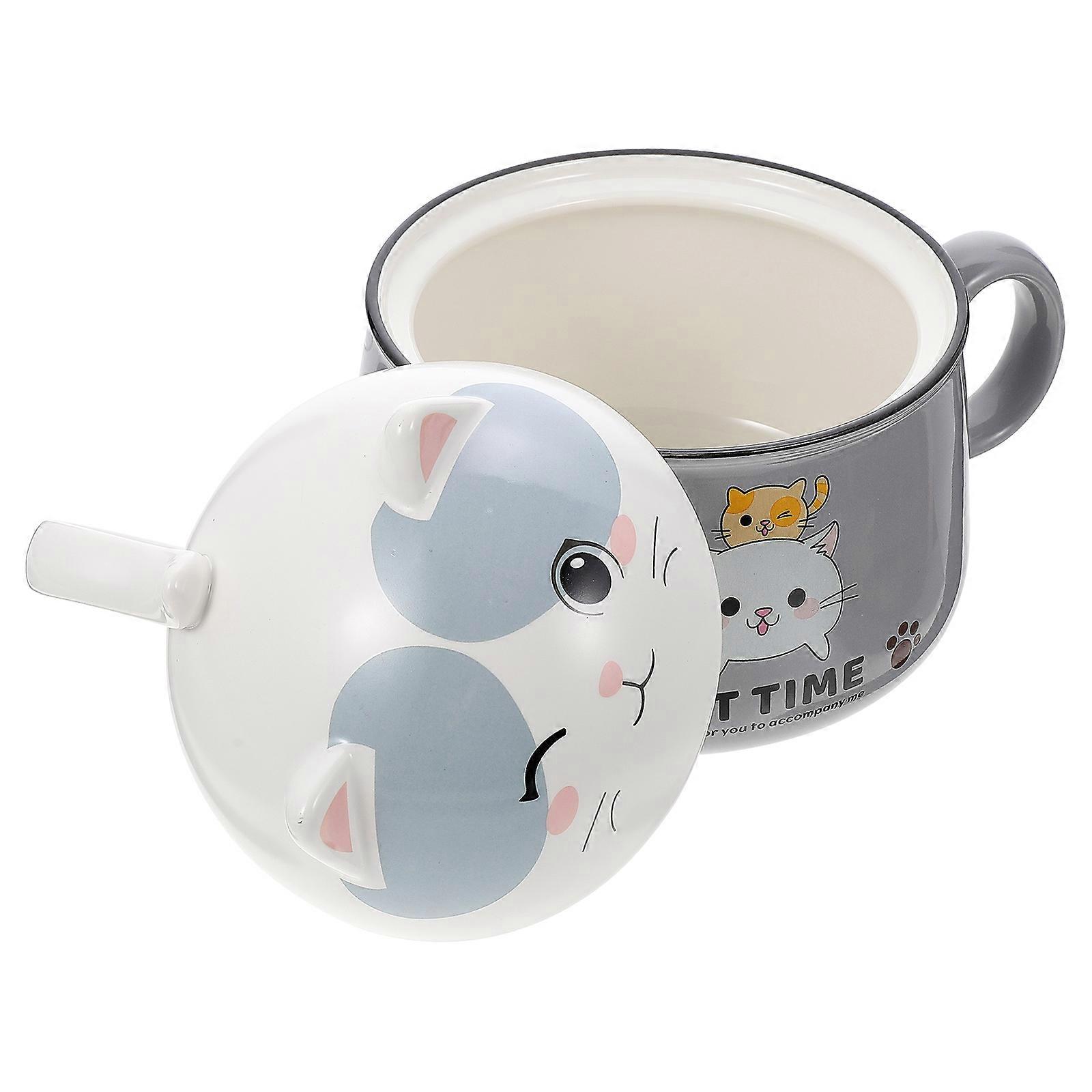 Porcelain Bowl Decorative Cartoon Instant Noddles Container for Dining Room Grey Multi-Purpose Use 1Set
